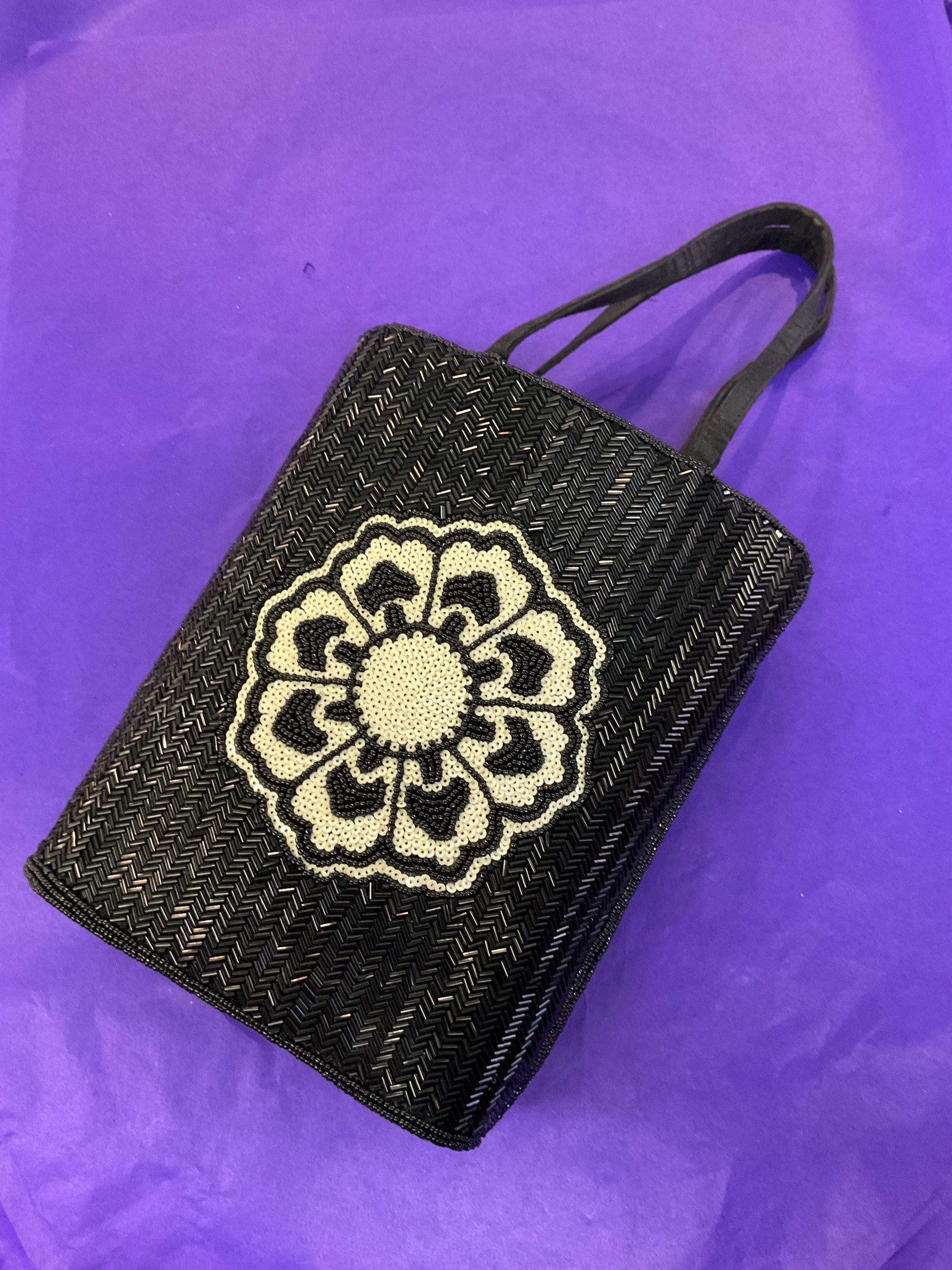 vintage monochrome beaded flower large evening bag, Black beads with Ivory sequins