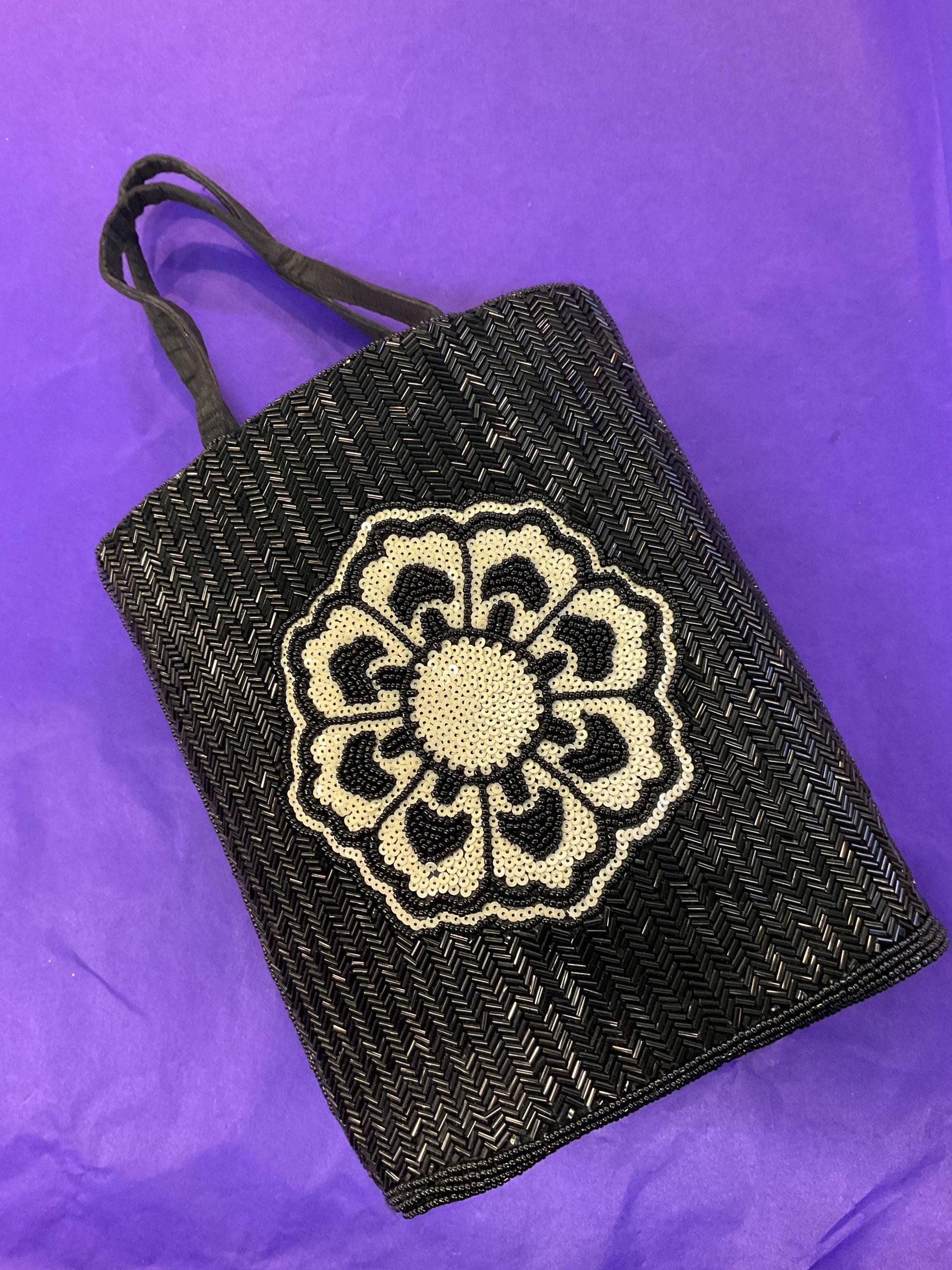 vintage monochrome beaded flower large evening bag, Black beads with Ivory sequins
