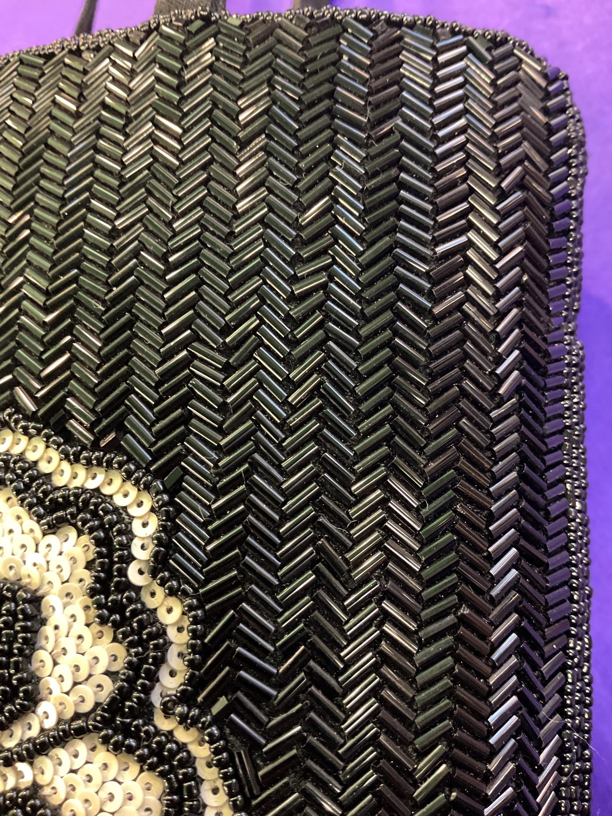 vintage monochrome beaded flower large evening bag, Black beads with Ivory sequins