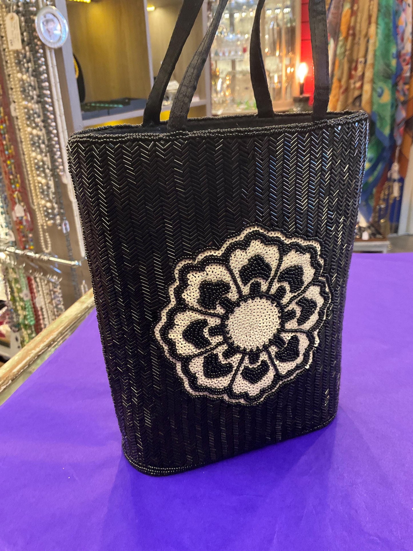 vintage monochrome beaded flower large evening bag, Black beads with Ivory sequins