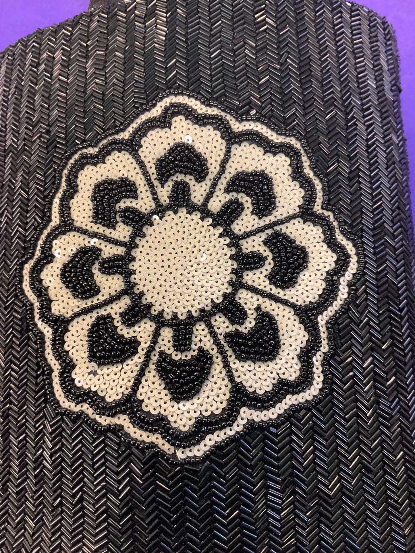 vintage monochrome beaded flower large evening bag, Black beads with Ivory sequins