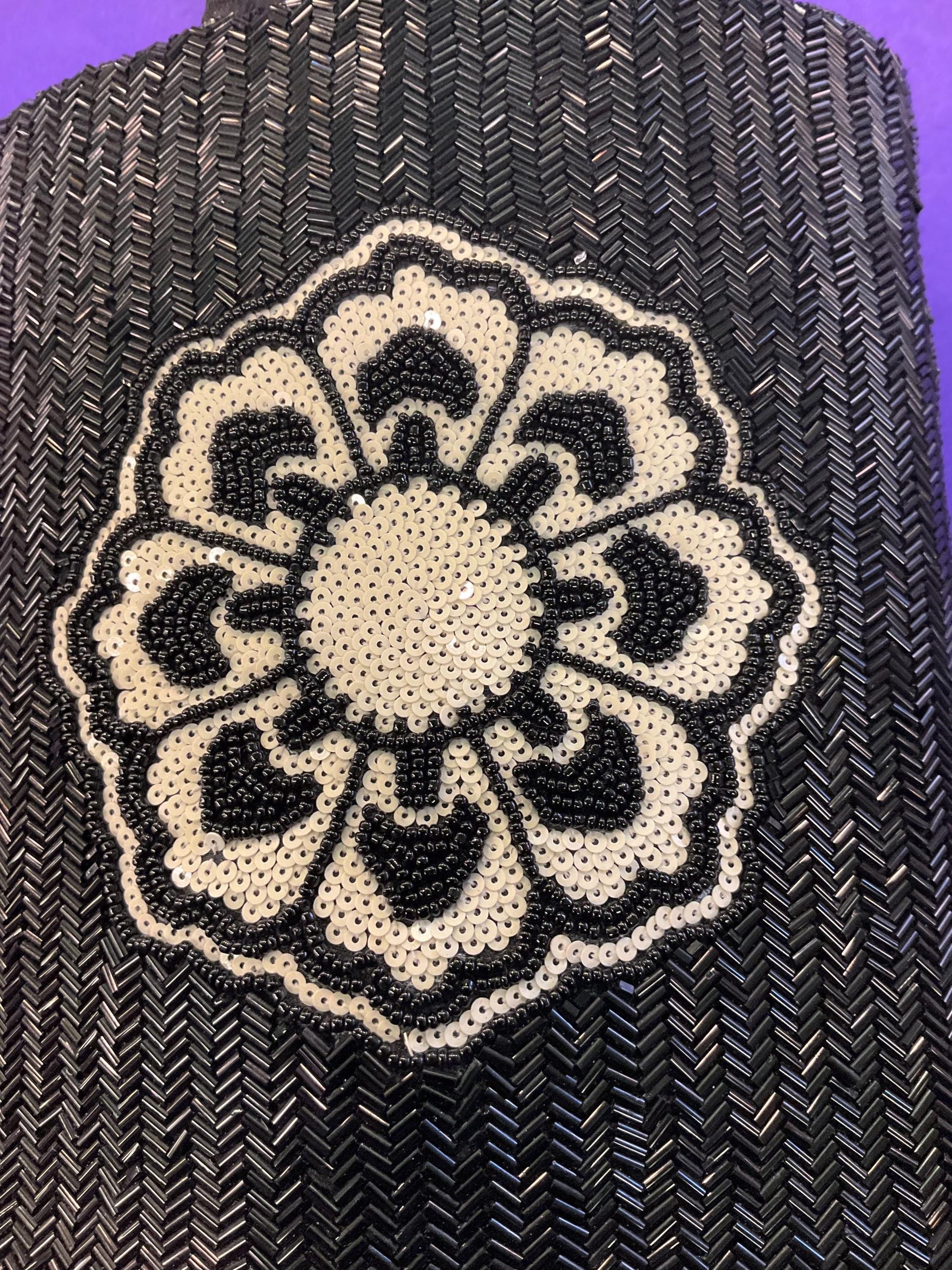 vintage monochrome beaded flower large evening bag, Black beads with Ivory sequins