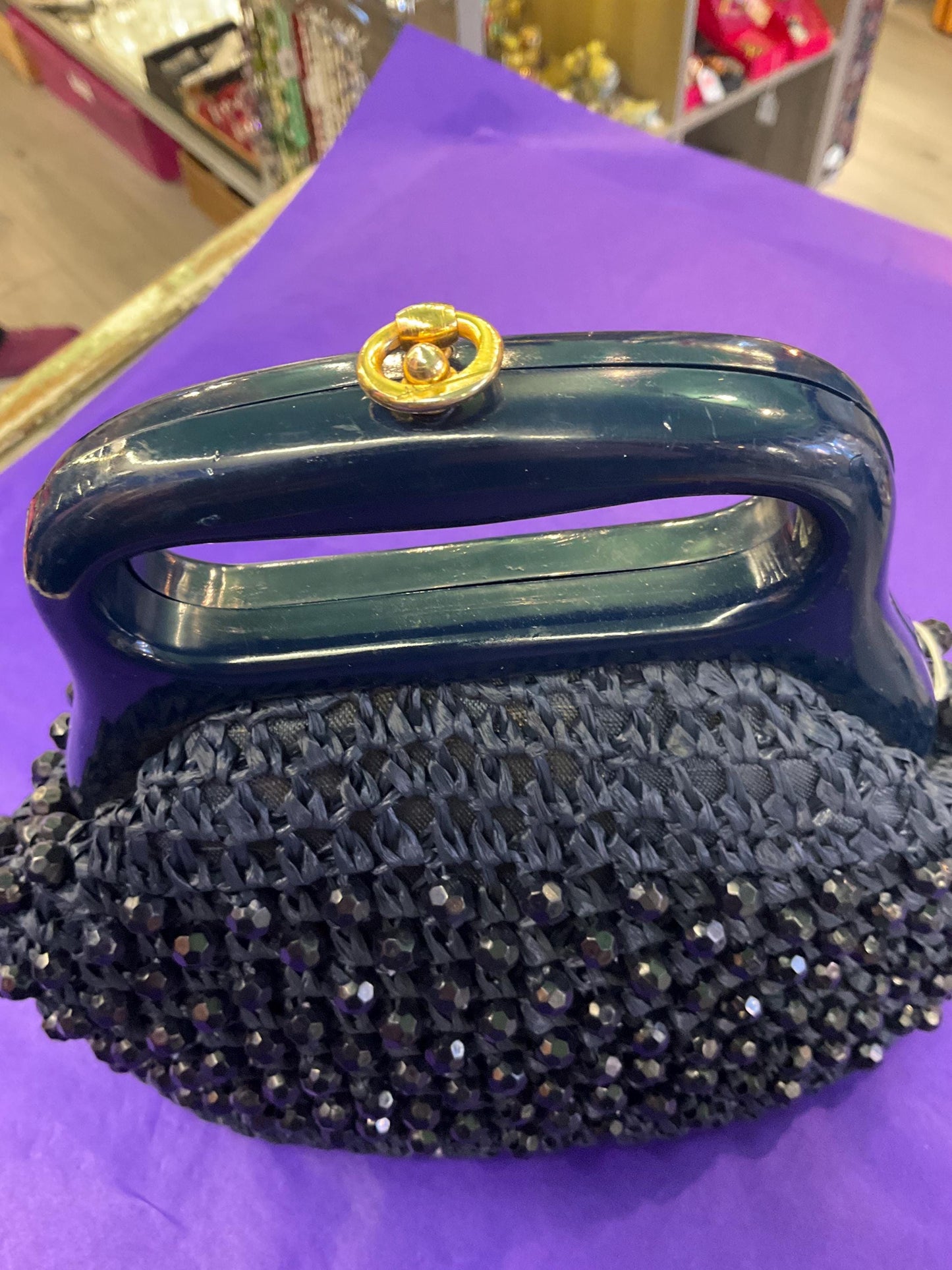 vintage 1960s Italian Navy Rafia beaded Handbag, Hand made in Italy.