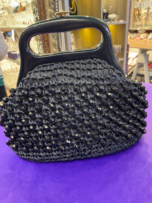 vintage 1960s Italian Navy Rafia beaded Handbag, Hand made in Italy.