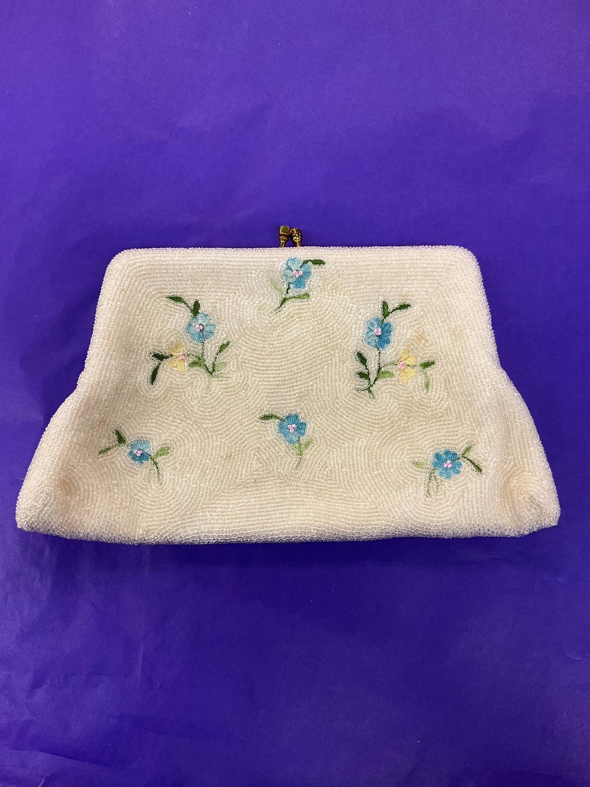 Vintage 1950s Ivory floral beaded clutch bag, embroidered small flowers with lustre seed beads.