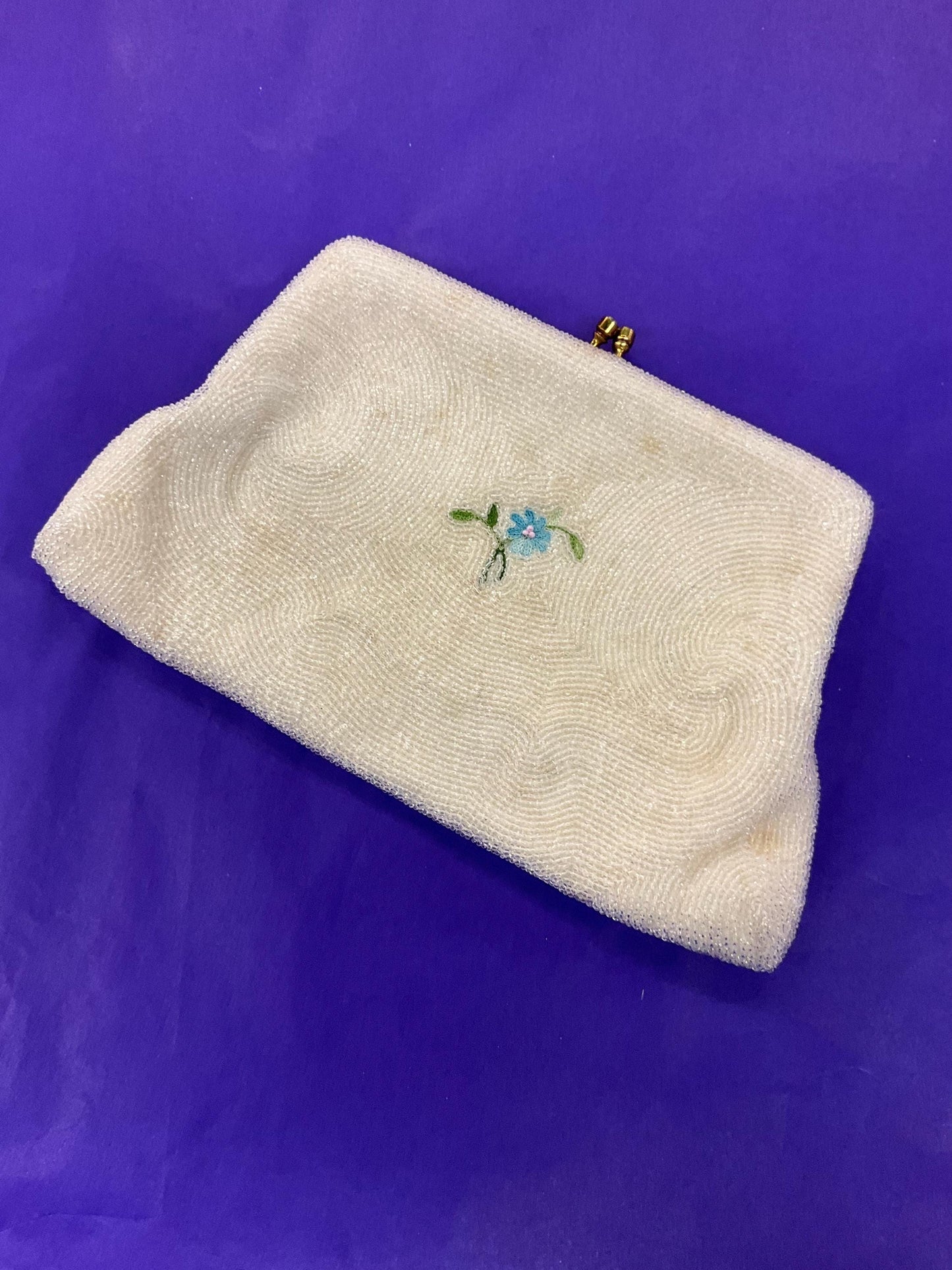 Vintage 1950s Ivory floral beaded clutch bag, embroidered small flowers with lustre seed beads.