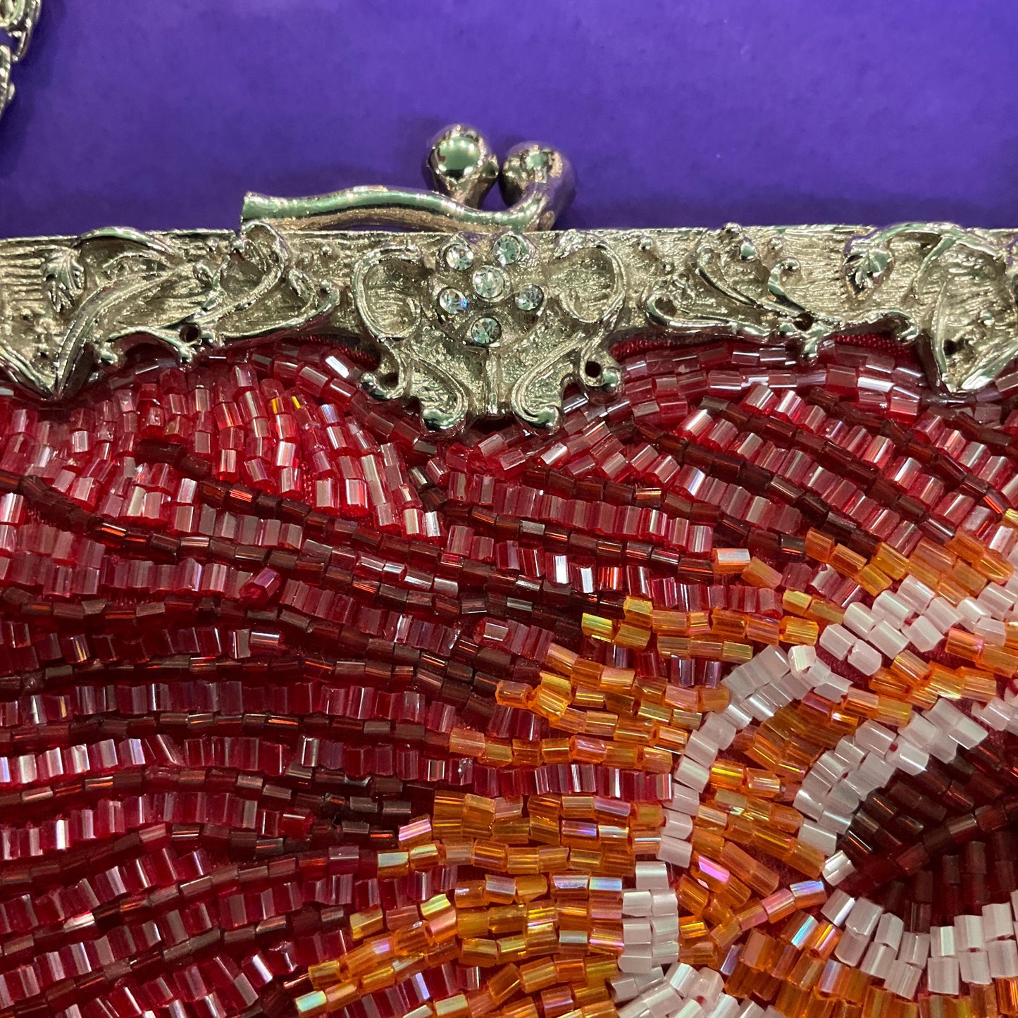 vintage statement Beaded peacock feather fringed evening bag, lustre pink, red and orange bugle beads