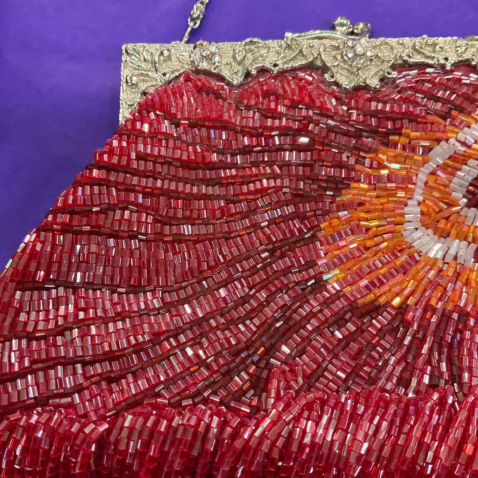 vintage statement Beaded peacock feather fringed evening bag, lustre pink, red and orange bugle beads