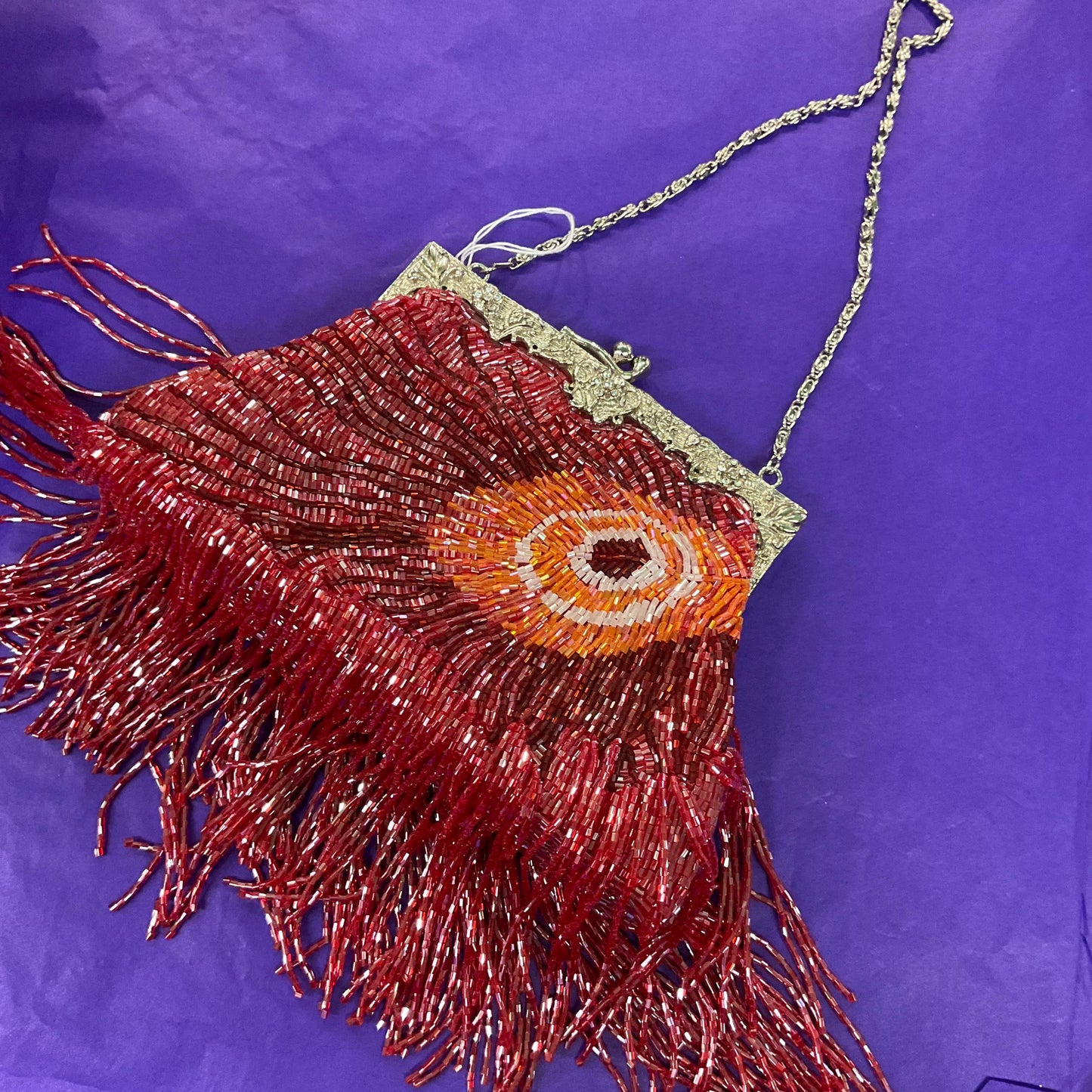 vintage statement Beaded peacock feather fringed evening bag, lustre pink, red and orange bugle beads