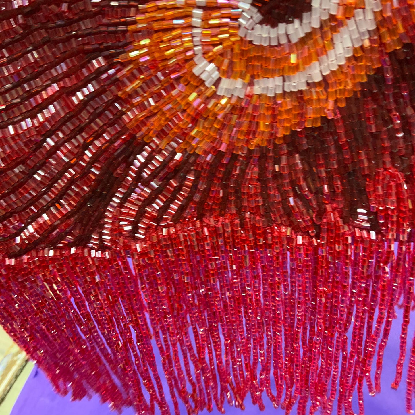 vintage statement Beaded peacock feather fringed evening bag, lustre pink, red and orange bugle beads
