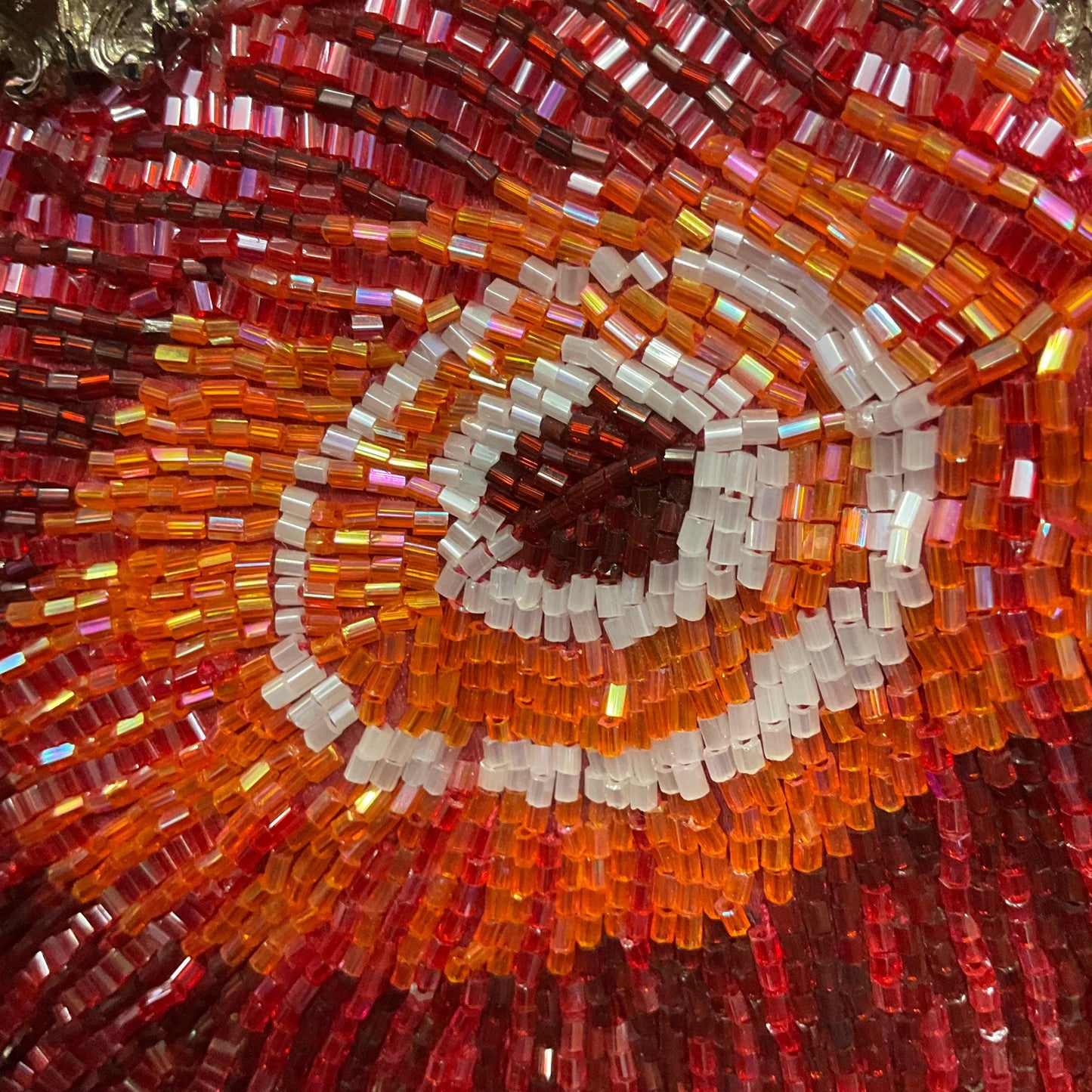 vintage statement Beaded peacock feather fringed evening bag, lustre pink, red and orange bugle beads