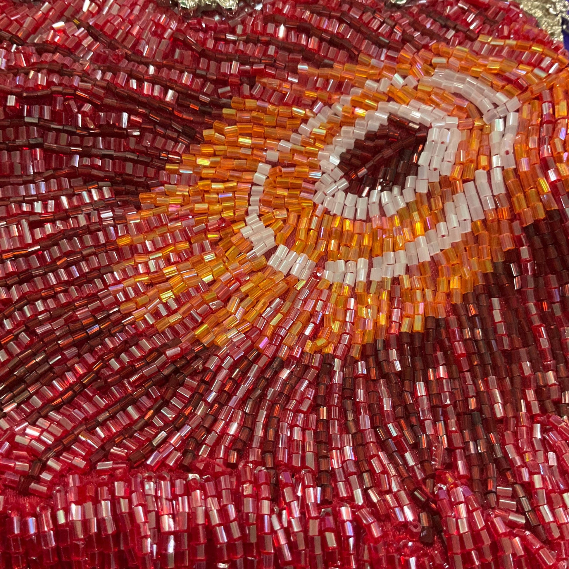 vintage statement Beaded peacock feather fringed evening bag, lustre pink, red and orange bugle beads