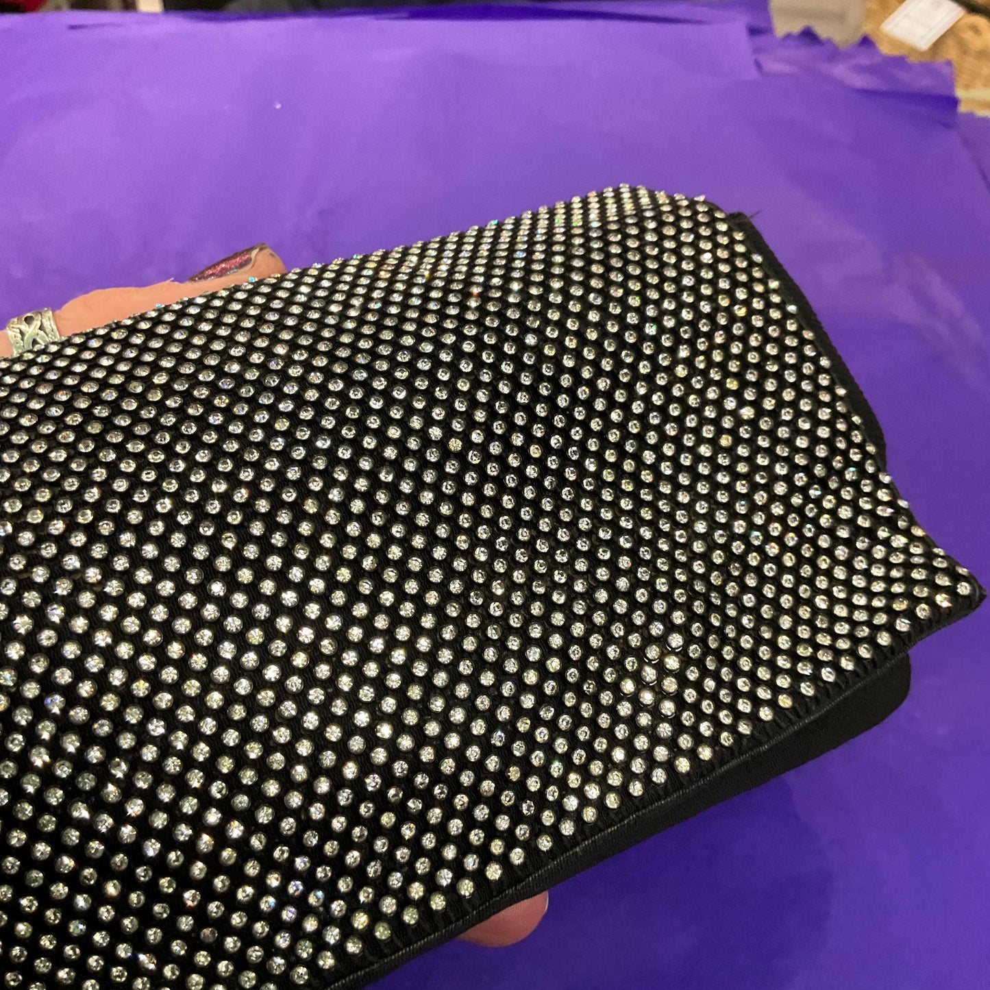 vintage 1930s Black crepe clutch bag with silver crystals