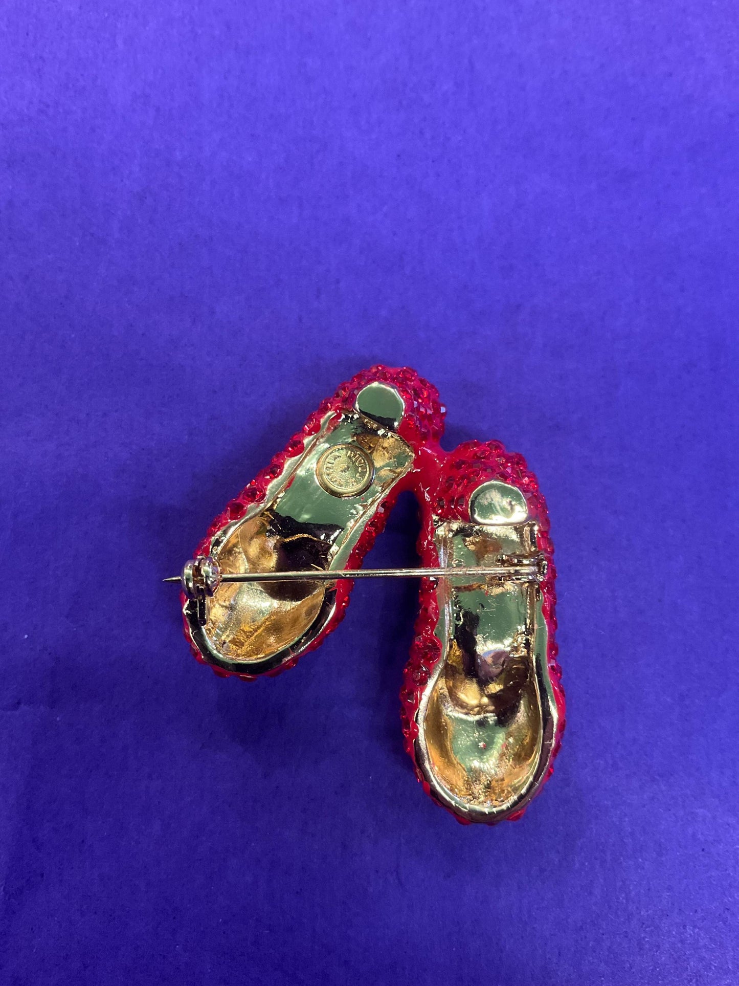Vintage Butler and Wilson Crystal Dorothy Shoes large brooch in gold tone metal, red and silver rhinestones
