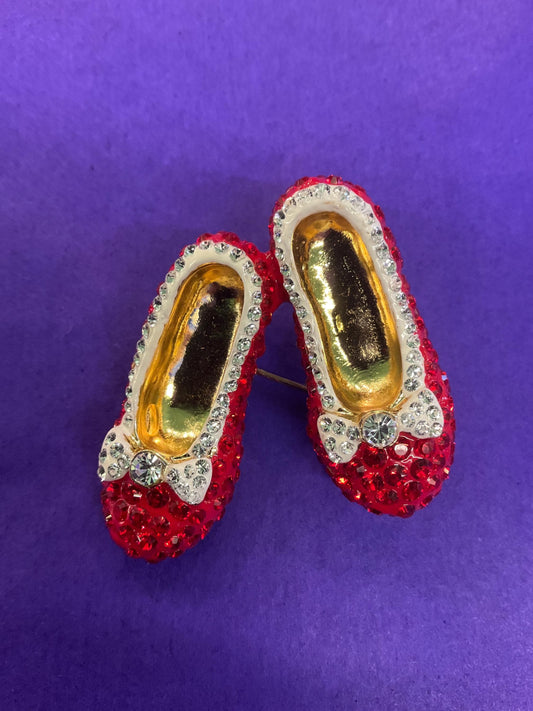 Vintage Butler and Wilson Crystal Dorothy Shoes large brooch in gold tone metal, red and silver rhinestones