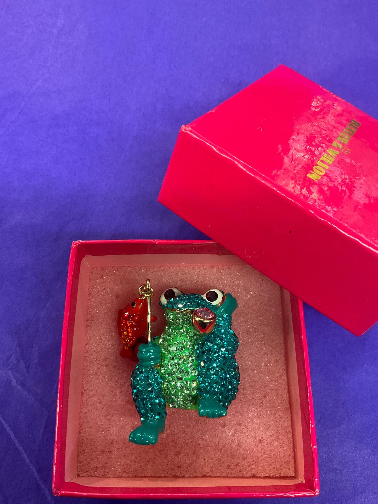 Vintage Butler and Wilson large crystal fish frog brooch