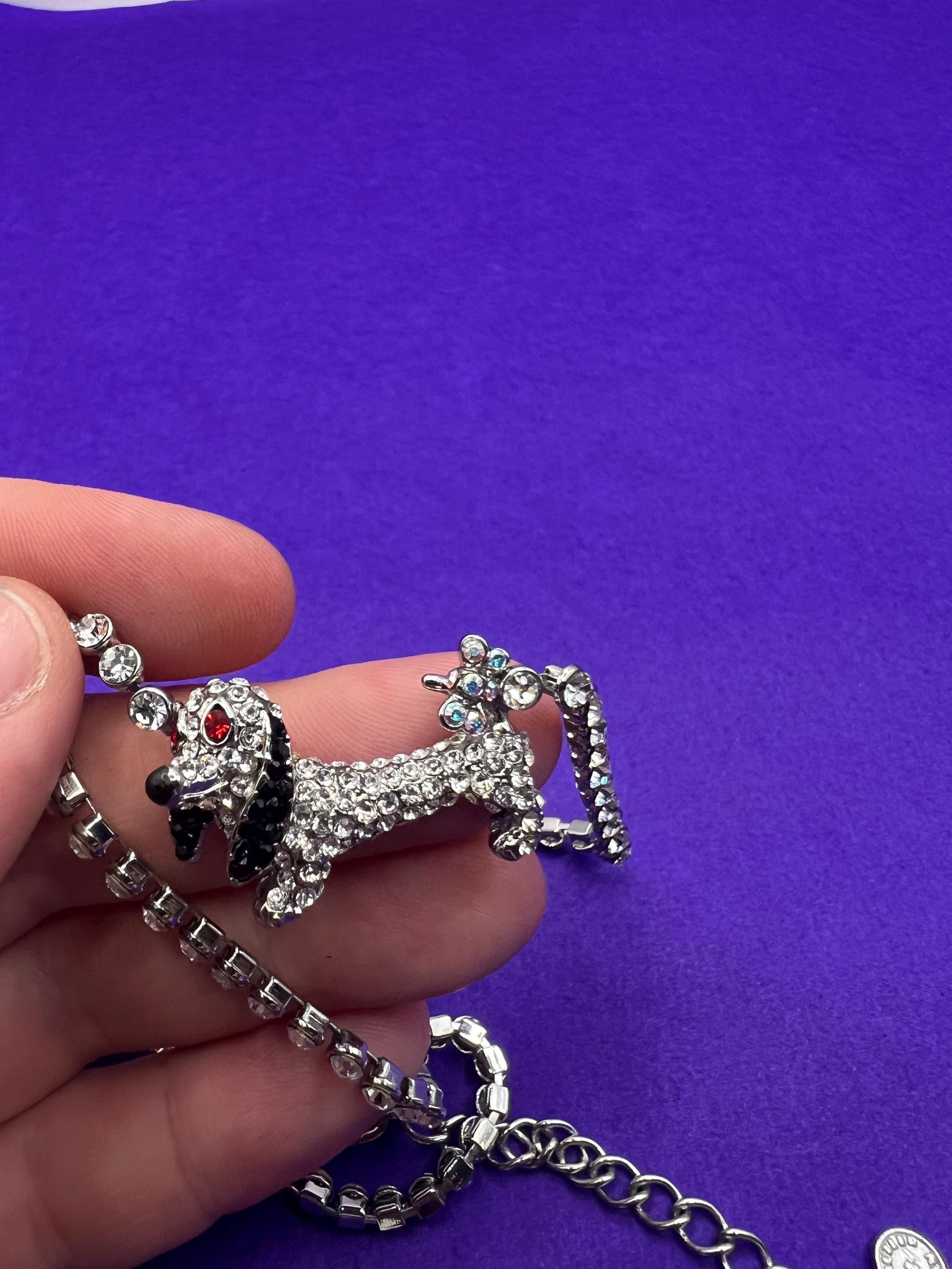 Vintage Butler and Wilson Silver Daschund Crystal Necklace, silver tone with silver black and red rhinestones