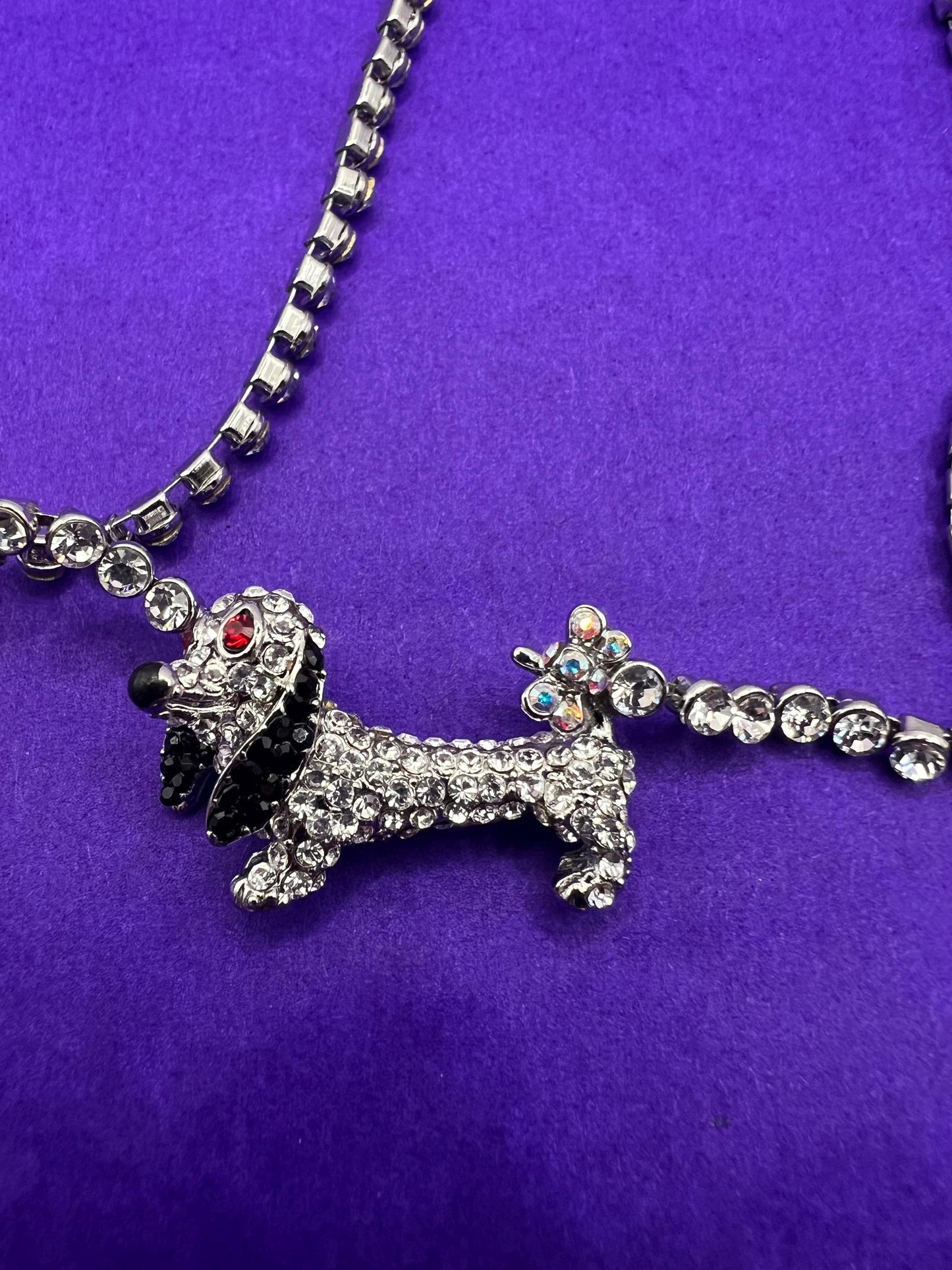 Vintage Butler and Wilson Silver Daschund Crystal Necklace, silver tone with silver black and red rhinestones