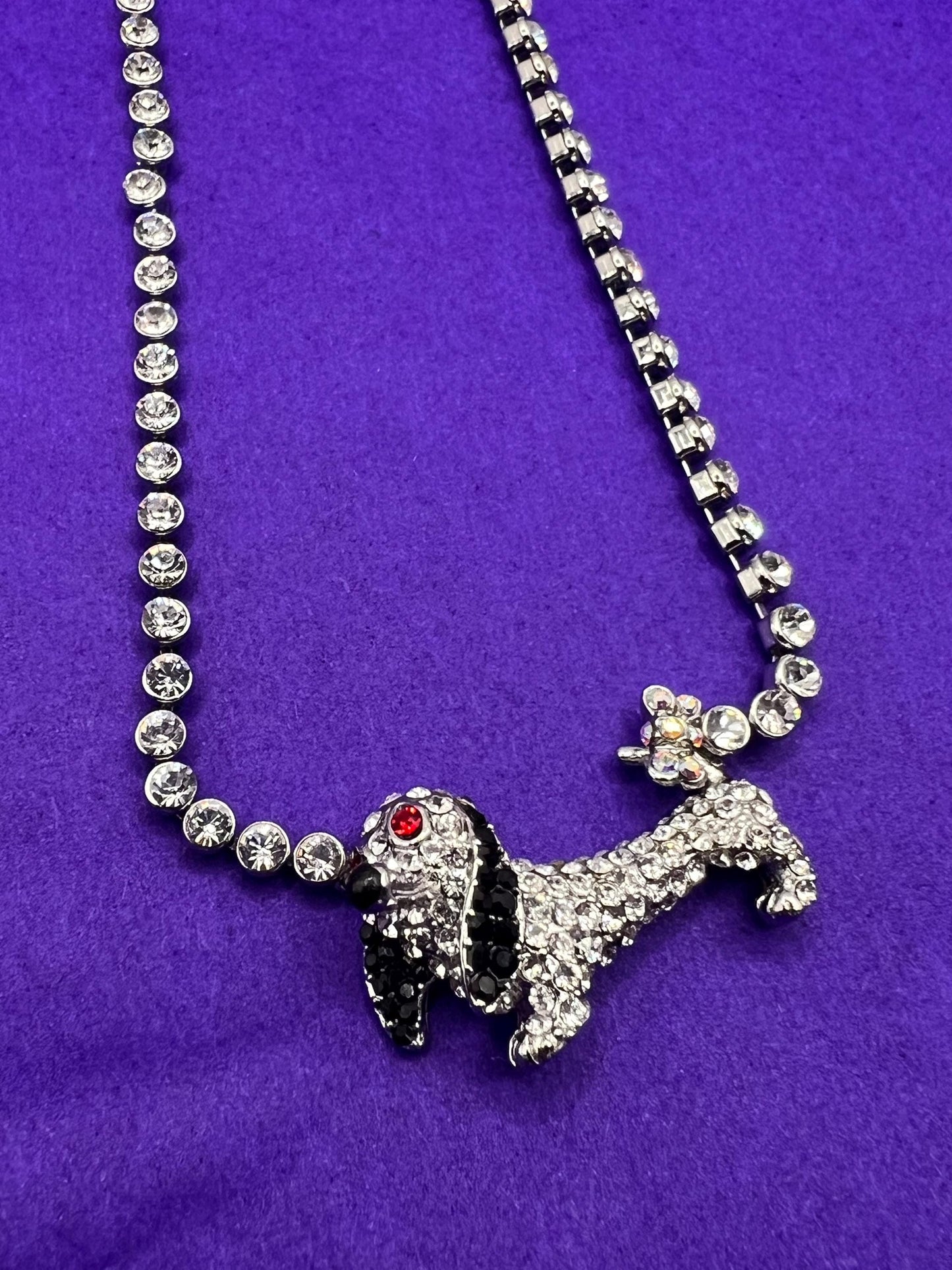 Vintage Butler and Wilson Silver Daschund Crystal Necklace, silver tone with silver black and red rhinestones
