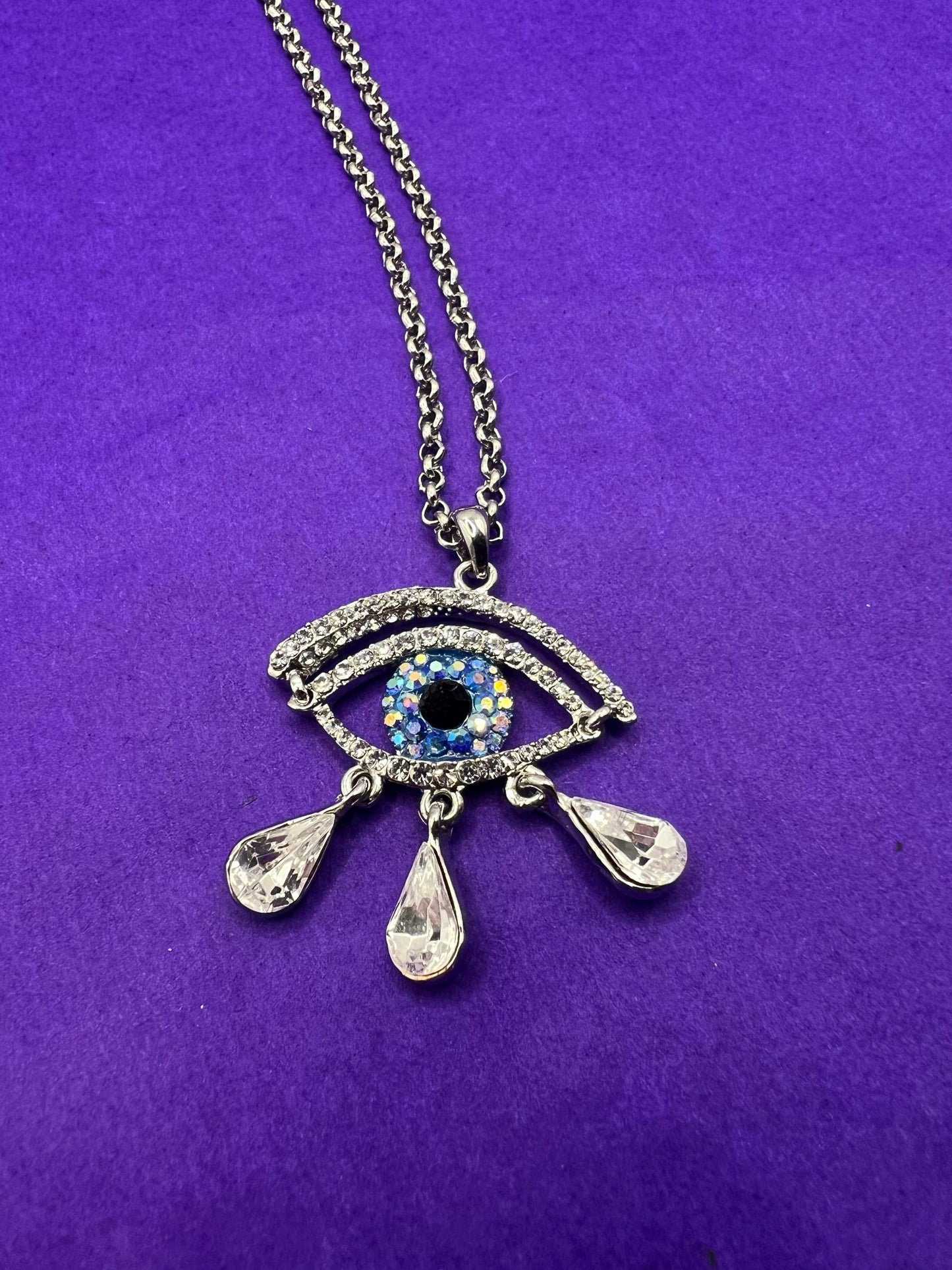 Vintage Butler and Wilson Crystal Eye Pendant Necklace, silver tone with crystals