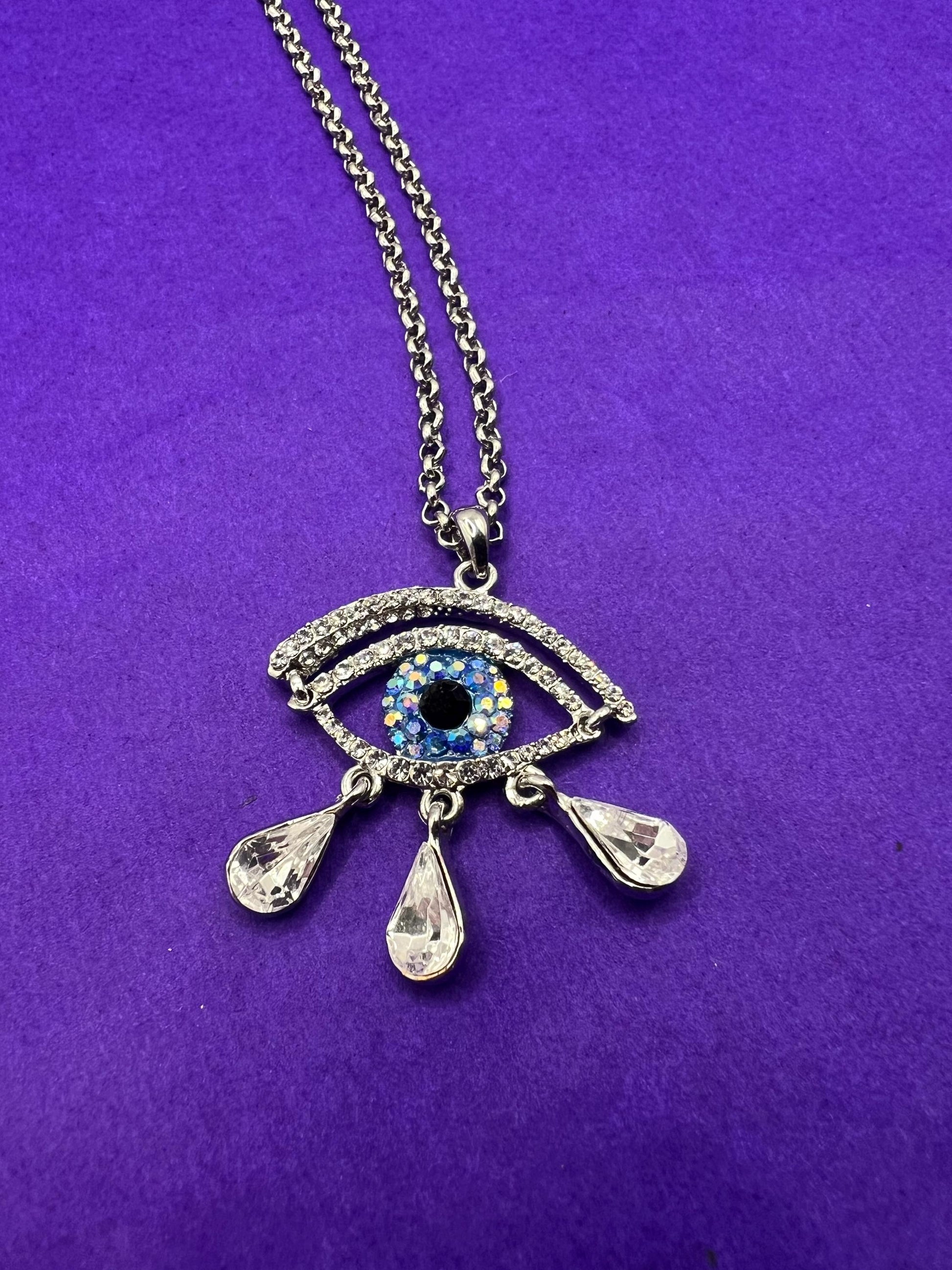 Vintage Butler and Wilson Crystal Eye Pendant Necklace, silver tone with crystals