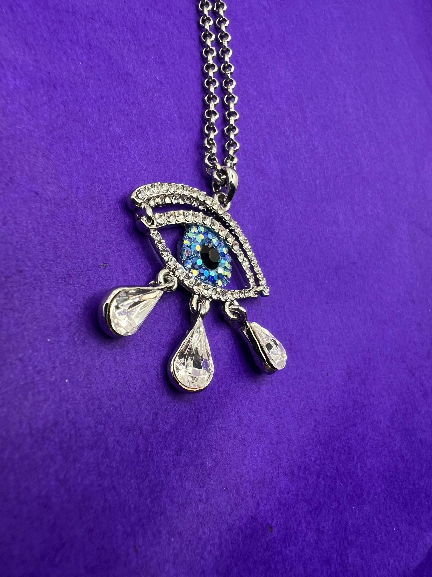 Vintage Butler and Wilson Crystal Eye Pendant Necklace, silver tone with crystals