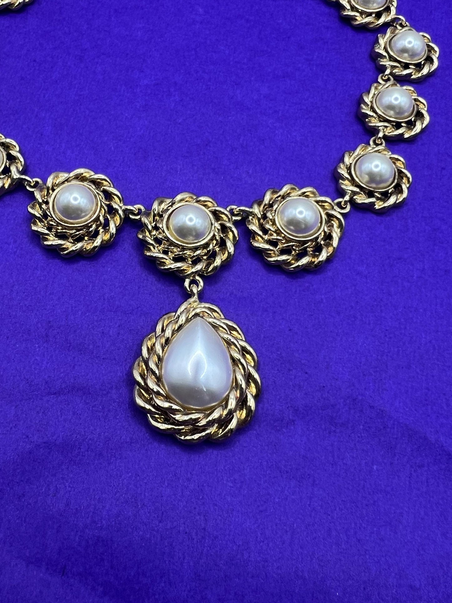 Vintage Butler and Wilson Statement Regency style gold tone faux pearl Y drop necklace