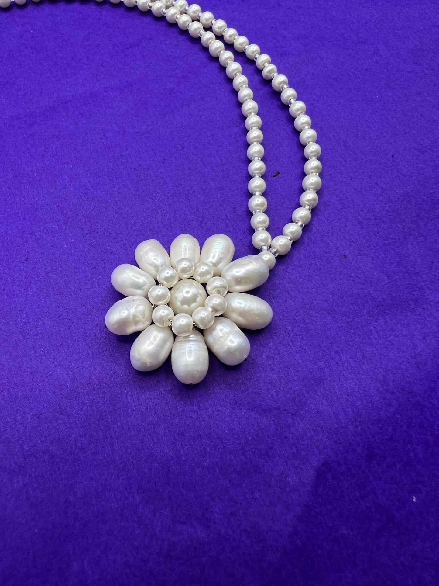 Vintage Butler and Wilson Oyster Coloured Fresh Water Pearl Floral Necklace, signed as new