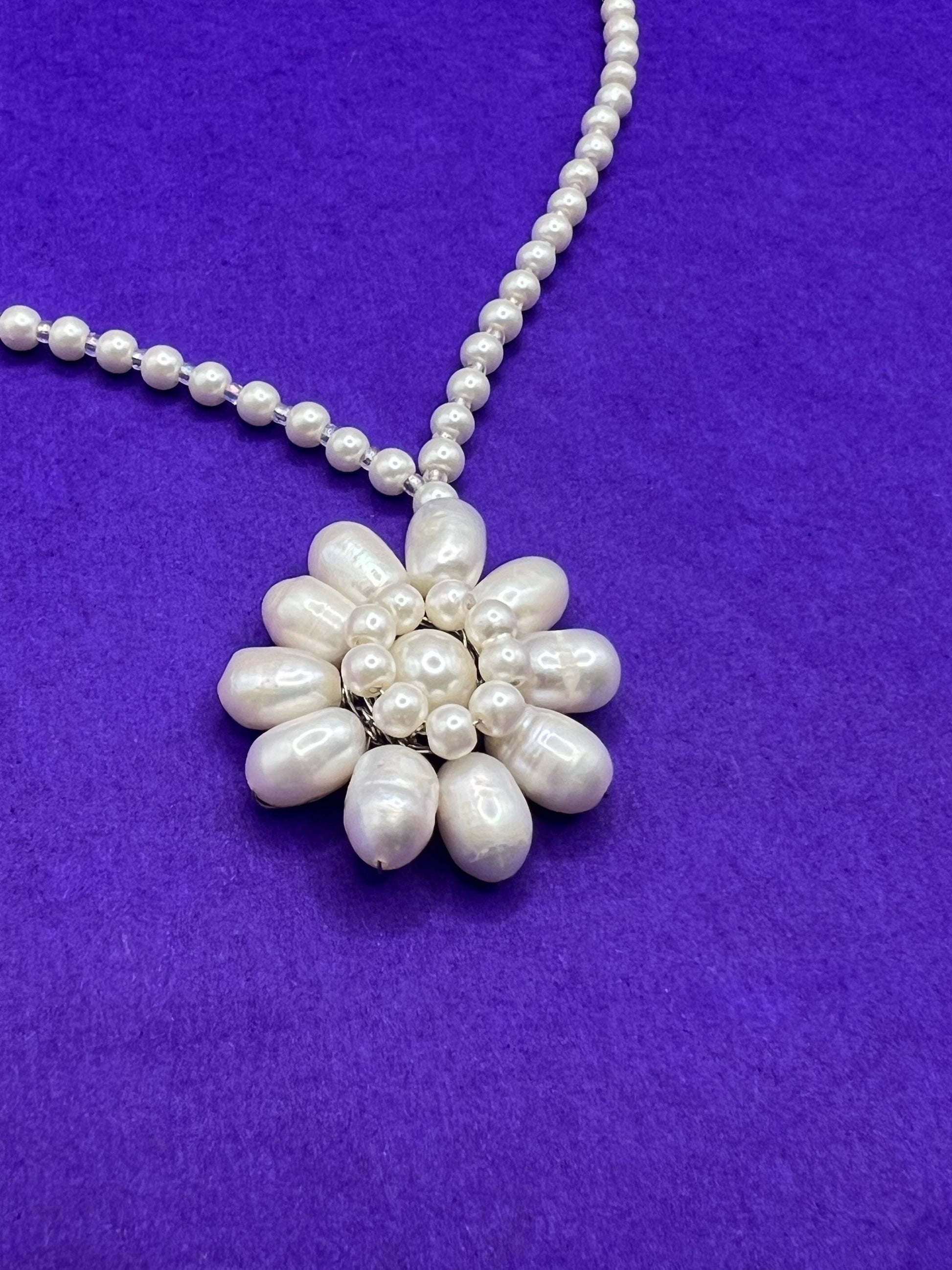 Vintage Butler and Wilson Oyster Coloured Fresh Water Pearl Floral Necklace, signed as new