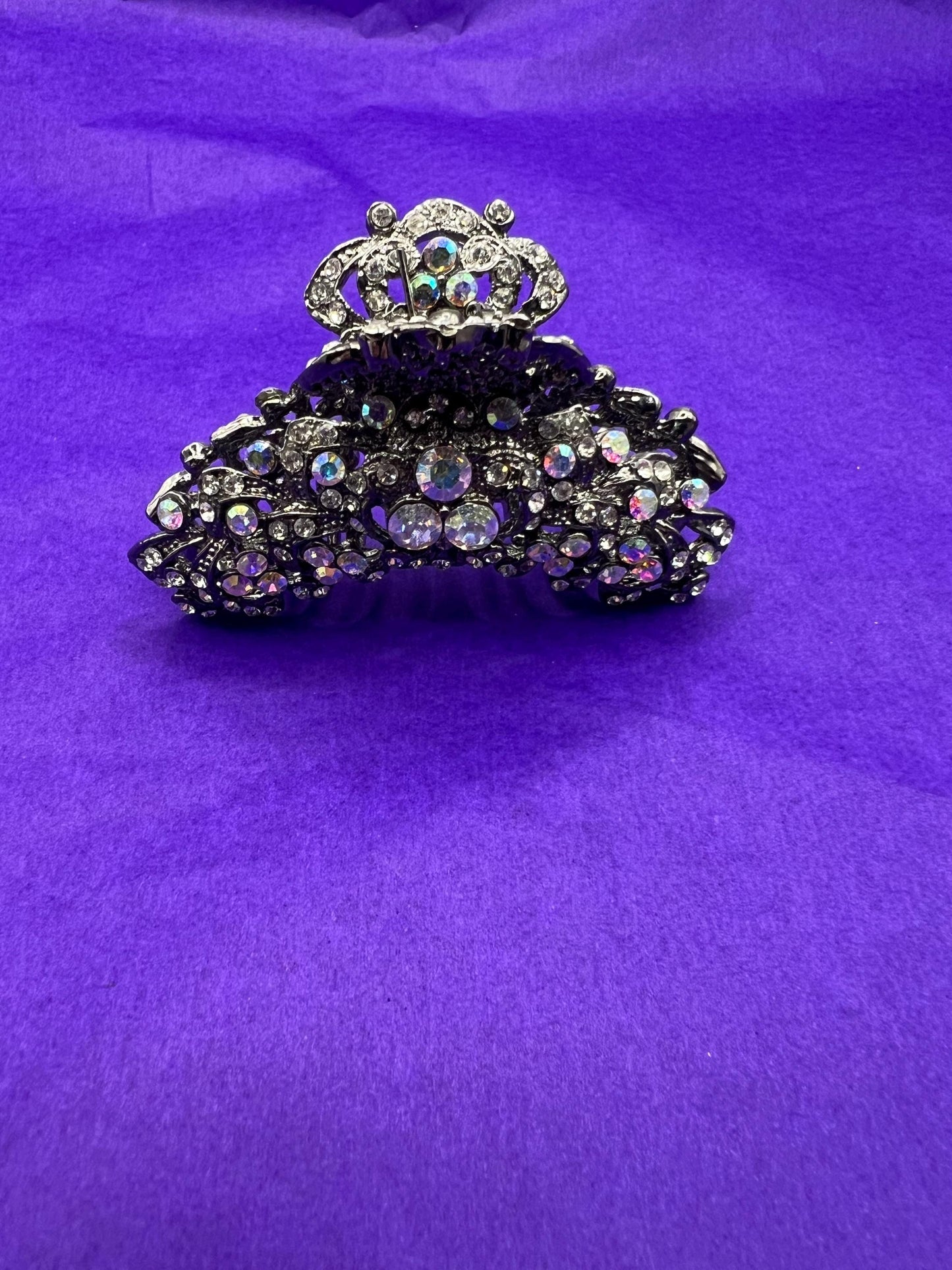 Vintage Butler and Wilson Large Crystal Jaw Clip, Pewter tone with silver and aurora borealis crystals