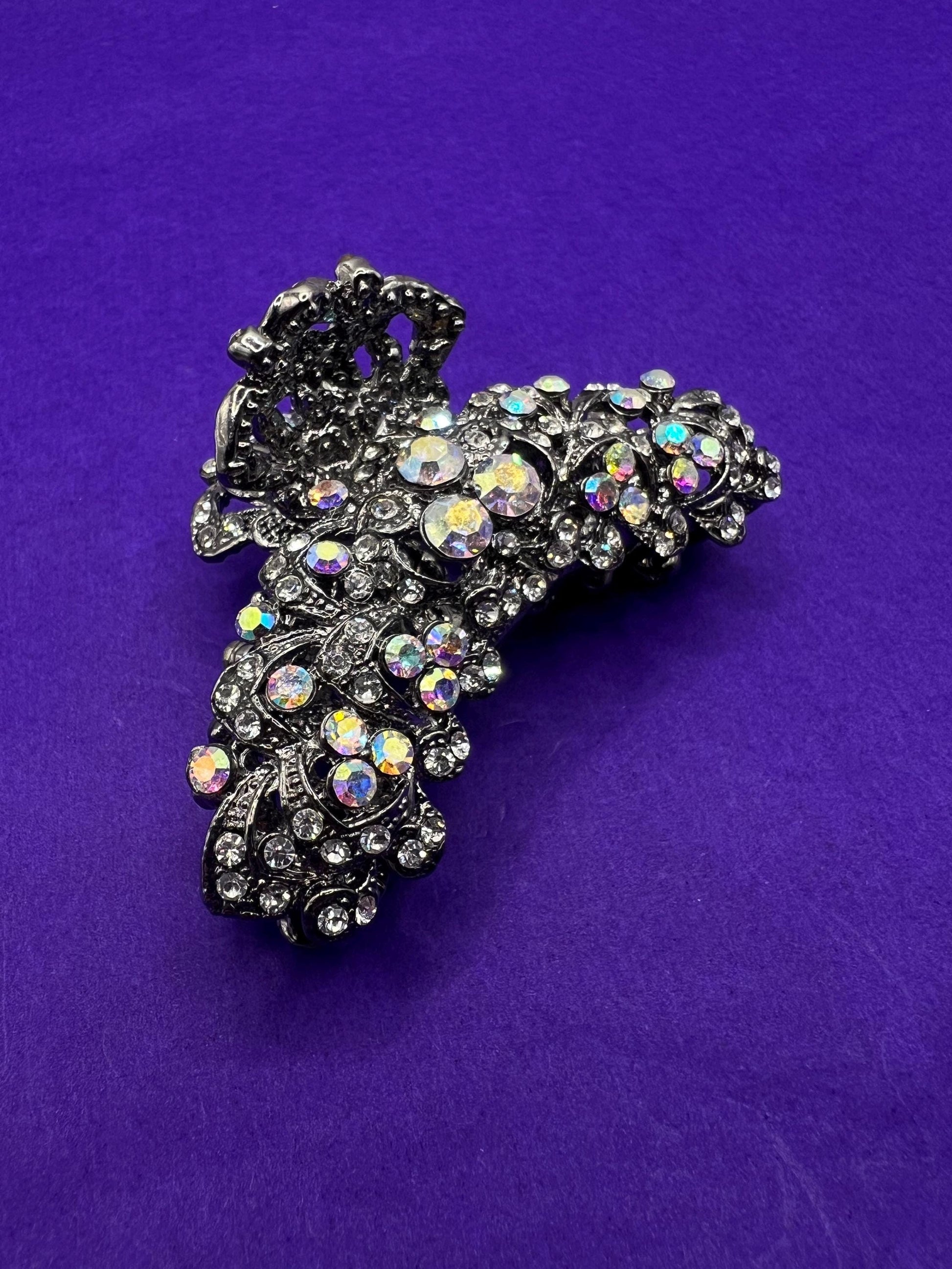 Vintage Butler and Wilson Large Crystal Jaw Clip, Pewter tone with silver and aurora borealis crystals