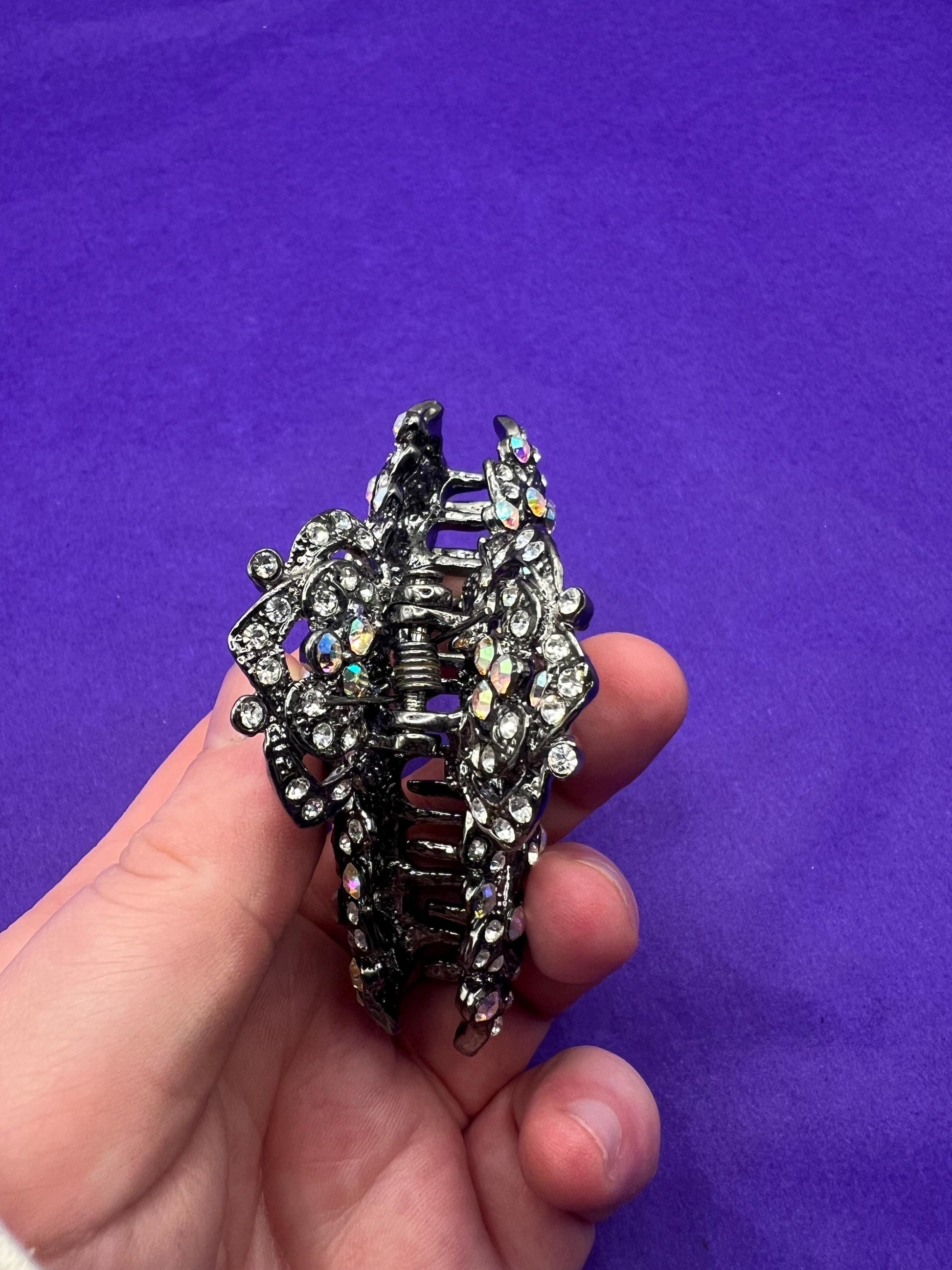 Vintage Butler and Wilson Large Crystal Jaw Clip, Pewter tone with silver and aurora borealis crystals