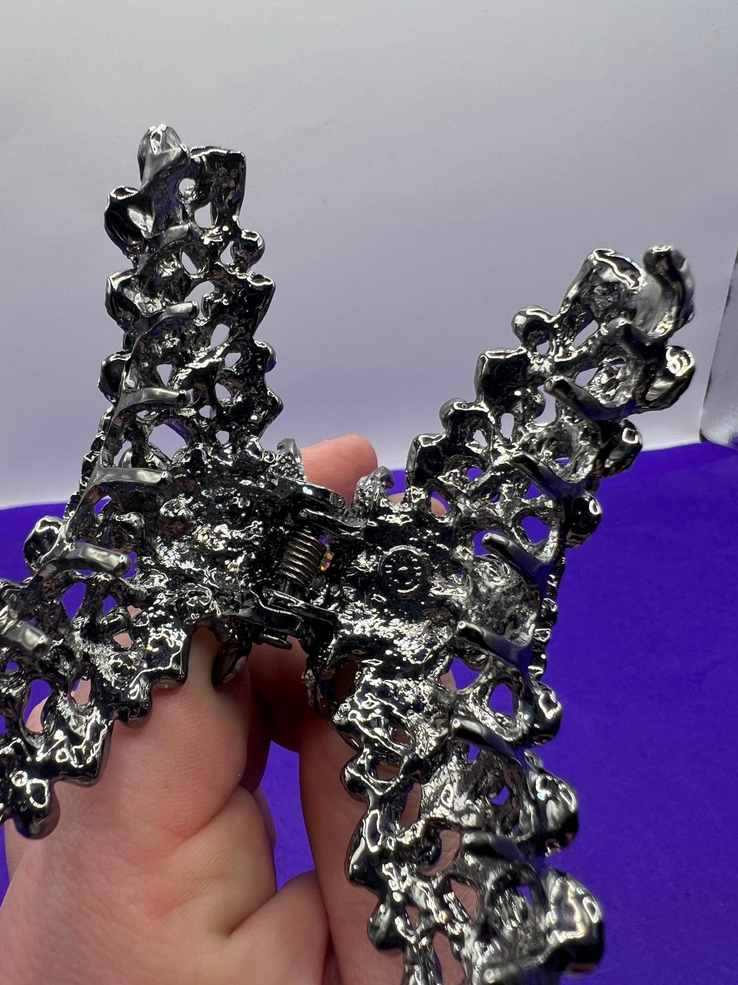 Vintage Butler and Wilson Large Crystal Jaw Clip, Pewter tone with silver and aurora borealis crystals