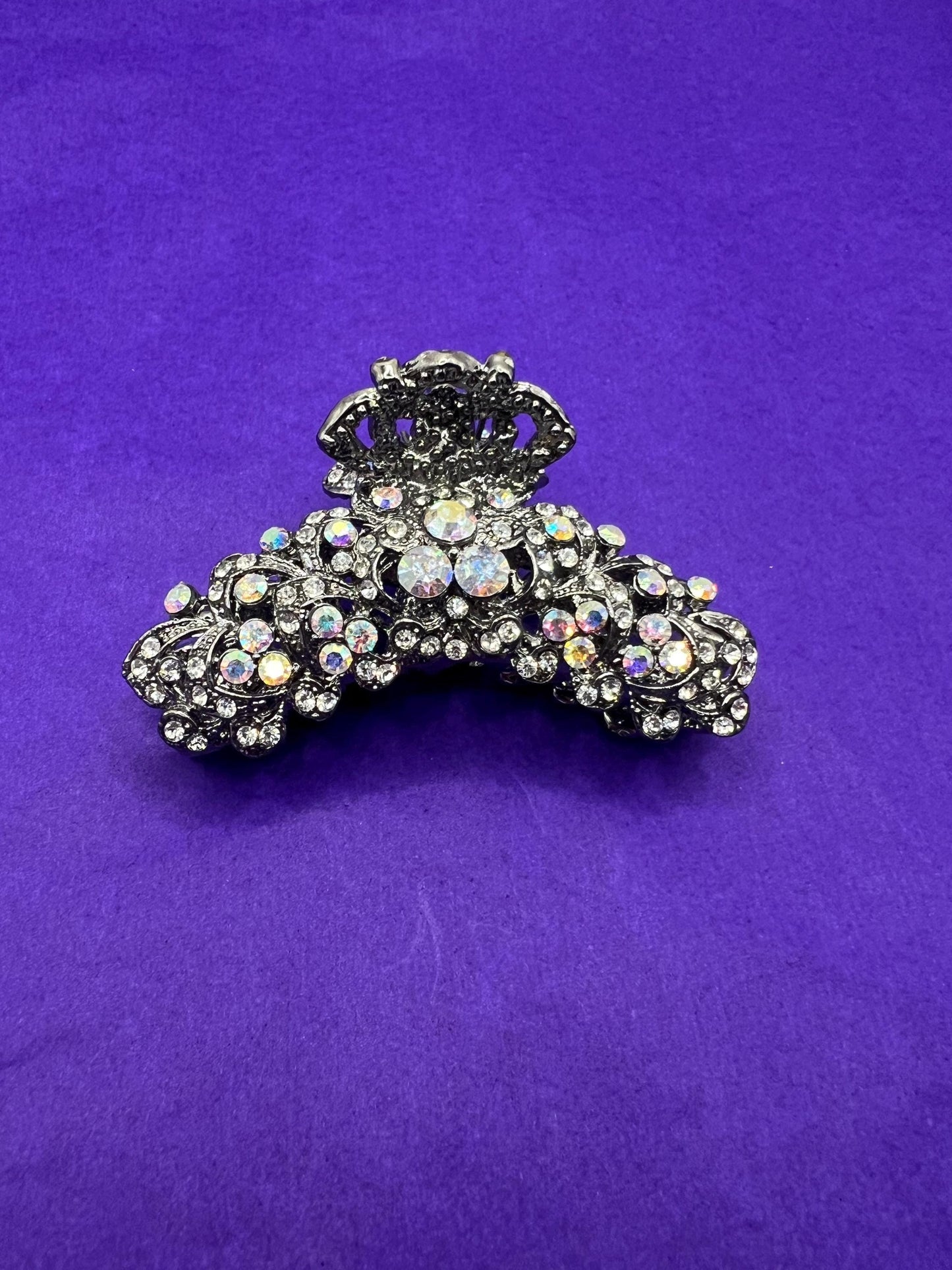 Vintage Butler and Wilson Large Crystal Jaw Clip, Pewter tone with silver and aurora borealis crystals