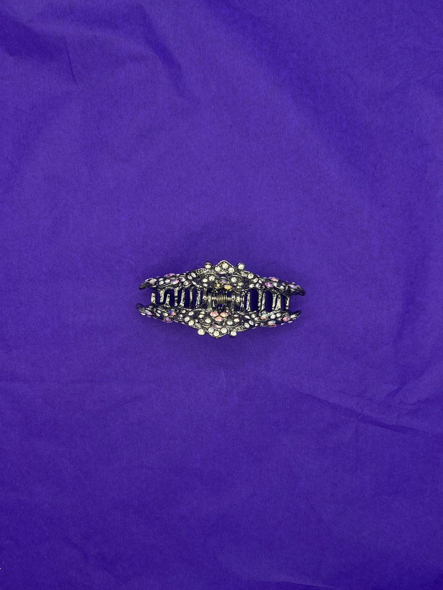 Vintage Butler and Wilson Large Crystal Jaw Clip, Pewter tone with silver and aurora borealis crystals