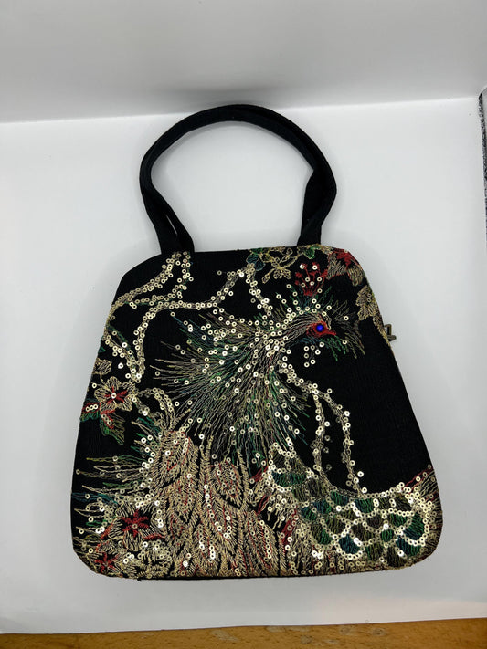 Vintage Embroidered and Sequinned Peacock Evening Bag, Black with Metallic Embroidery and Gold Sequins