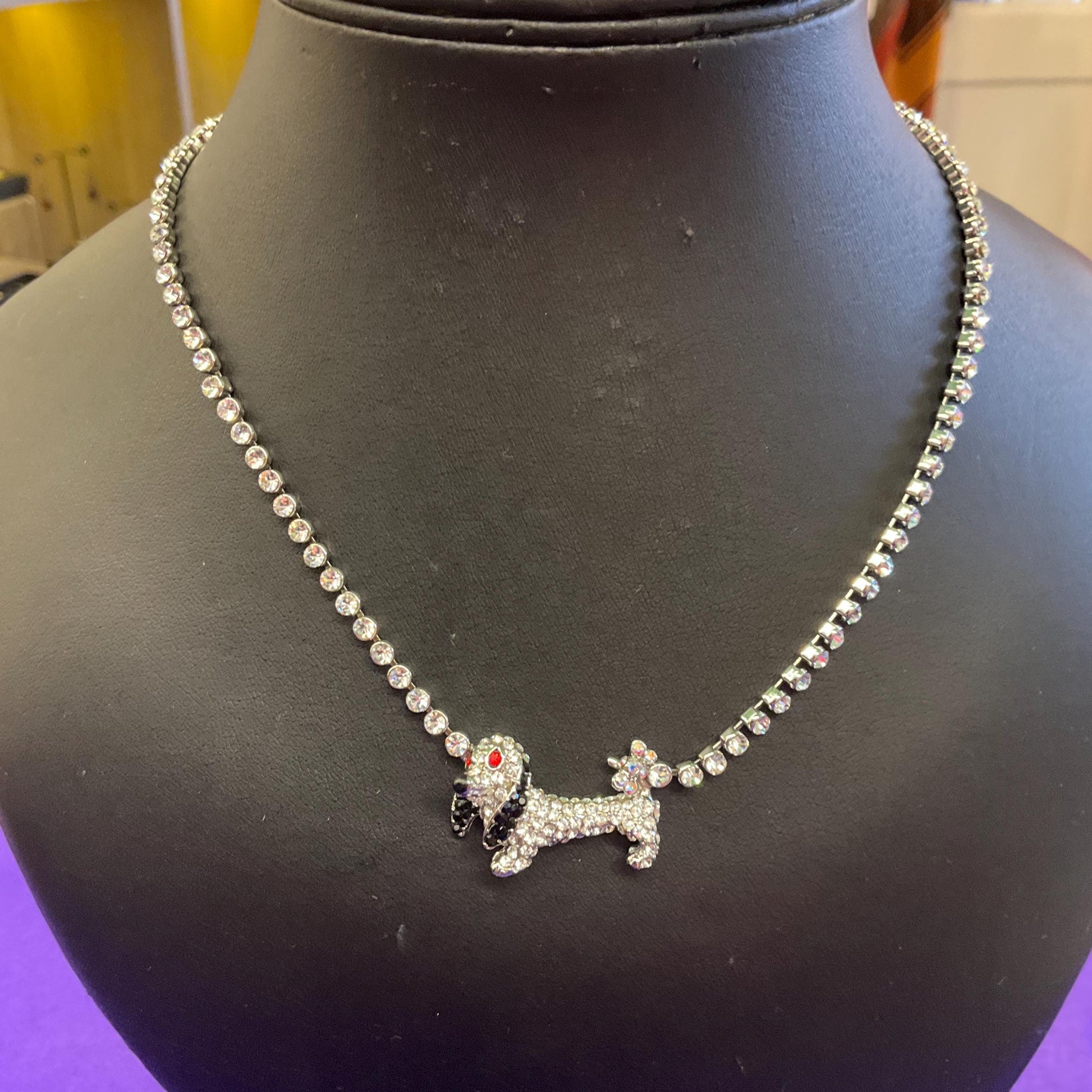 Vintage Butler and Wilson Silver Daschund Crystal Necklace, silver tone with silver black and red rhinestones