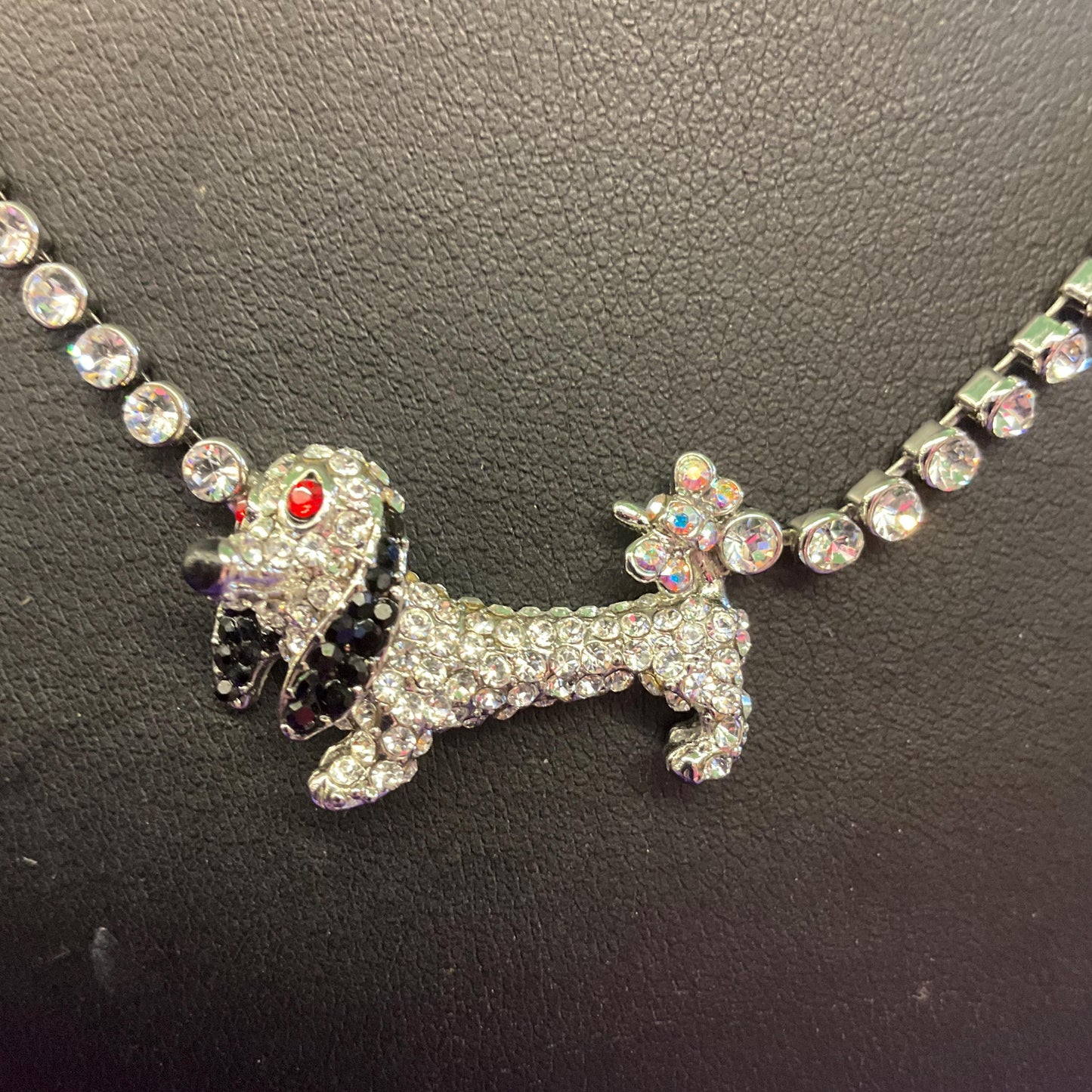 Vintage Butler and Wilson Silver Daschund Crystal Necklace, silver tone with silver black and red rhinestones