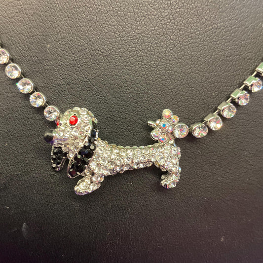 Vintage Butler and Wilson Silver Daschund Crystal Necklace, silver tone with silver black and red rhinestones