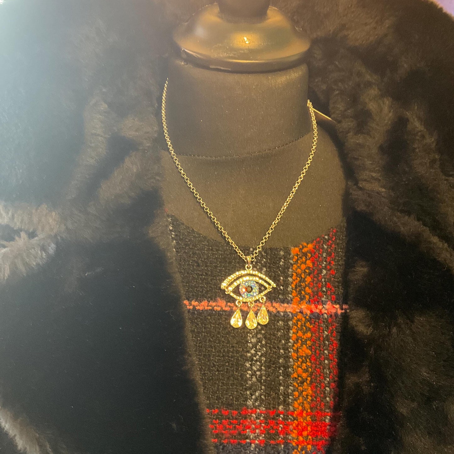 Vintage Butler and Wilson Crystal Eye Pendant Necklace, silver tone with crystals