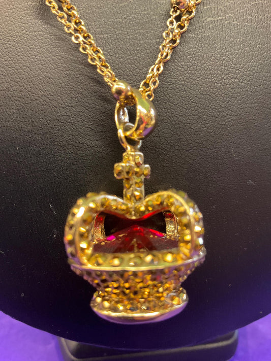 Vintage Butler and Wilson Long Crystal Crown Pendant Necklace, gold tone with rhinestones and crystals