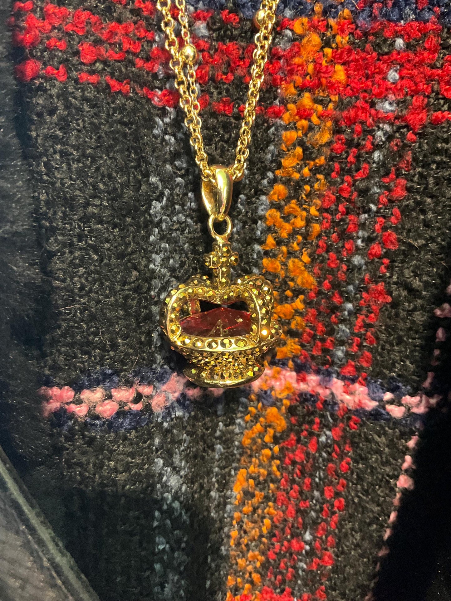 Vintage Butler and Wilson Long Crystal Crown Pendant Necklace, gold tone with rhinestones and crystals