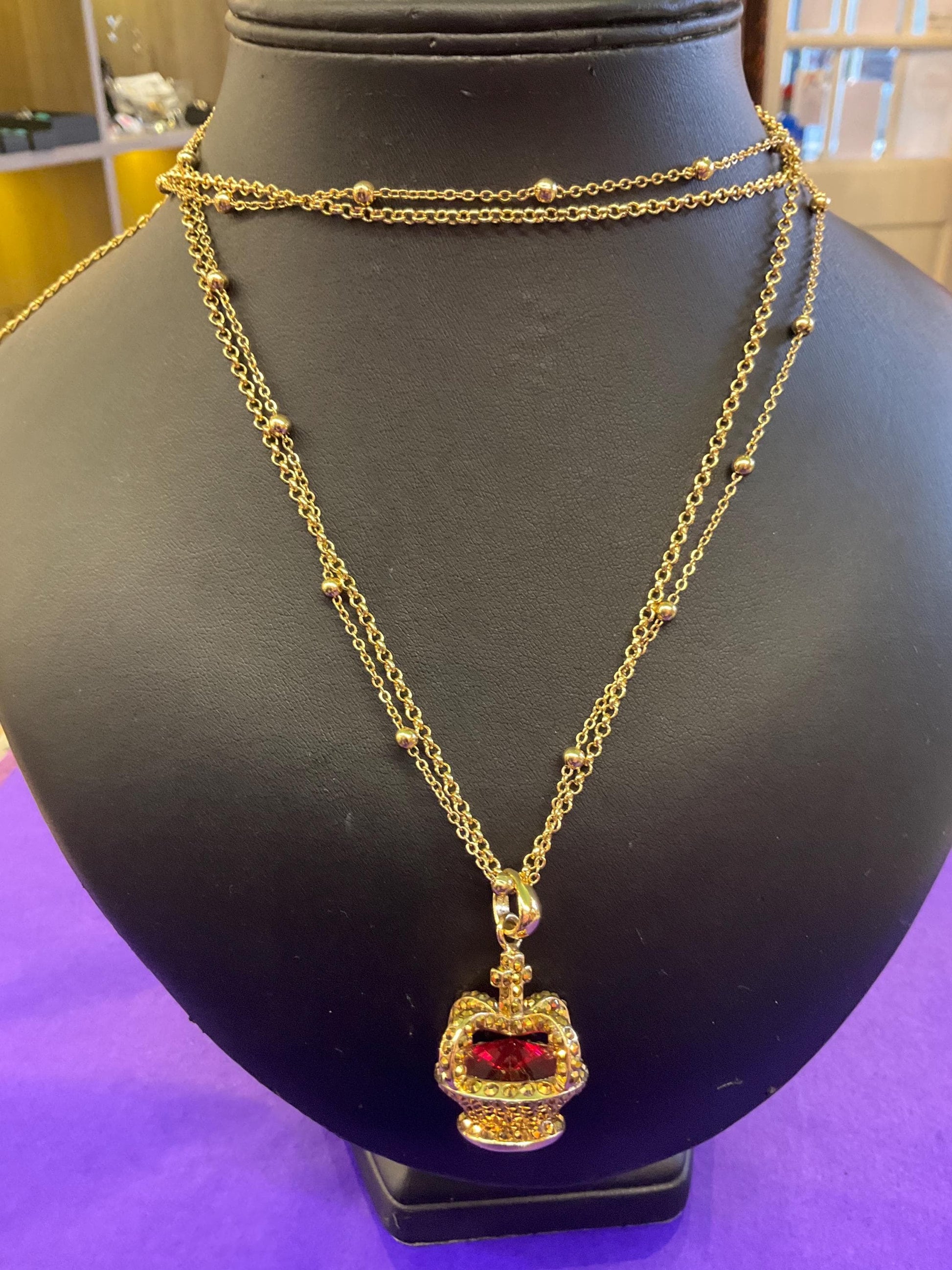 Vintage Butler and Wilson Long Crystal Crown Pendant Necklace, gold tone with rhinestones and crystals
