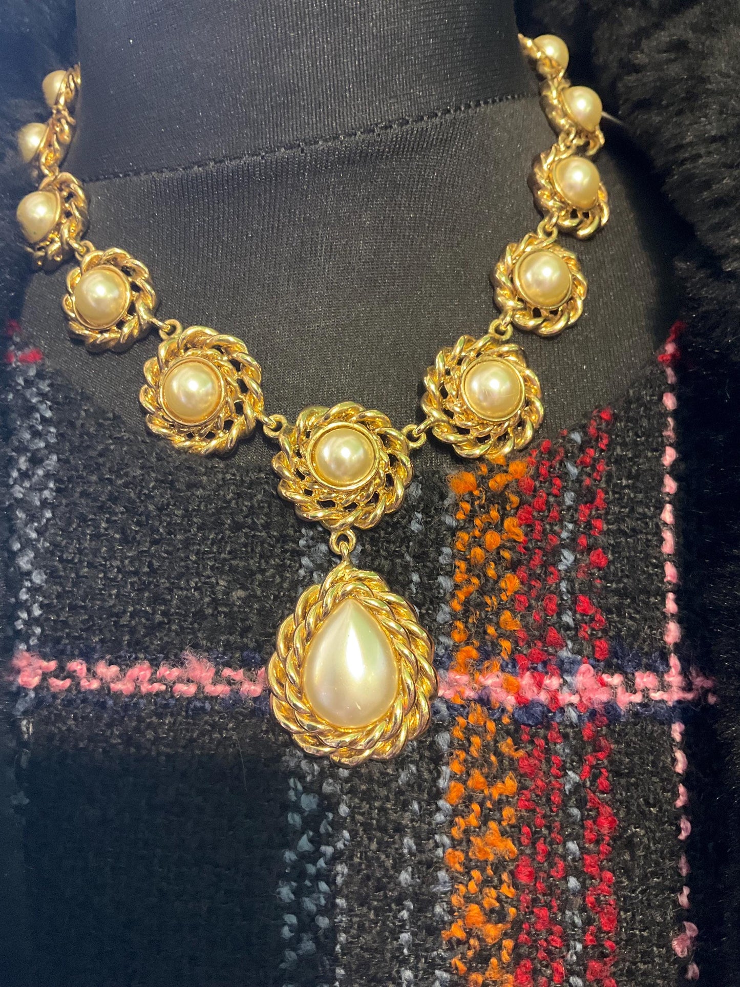 Vintage Butler and Wilson Statement Regency style gold tone faux pearl Y drop necklace