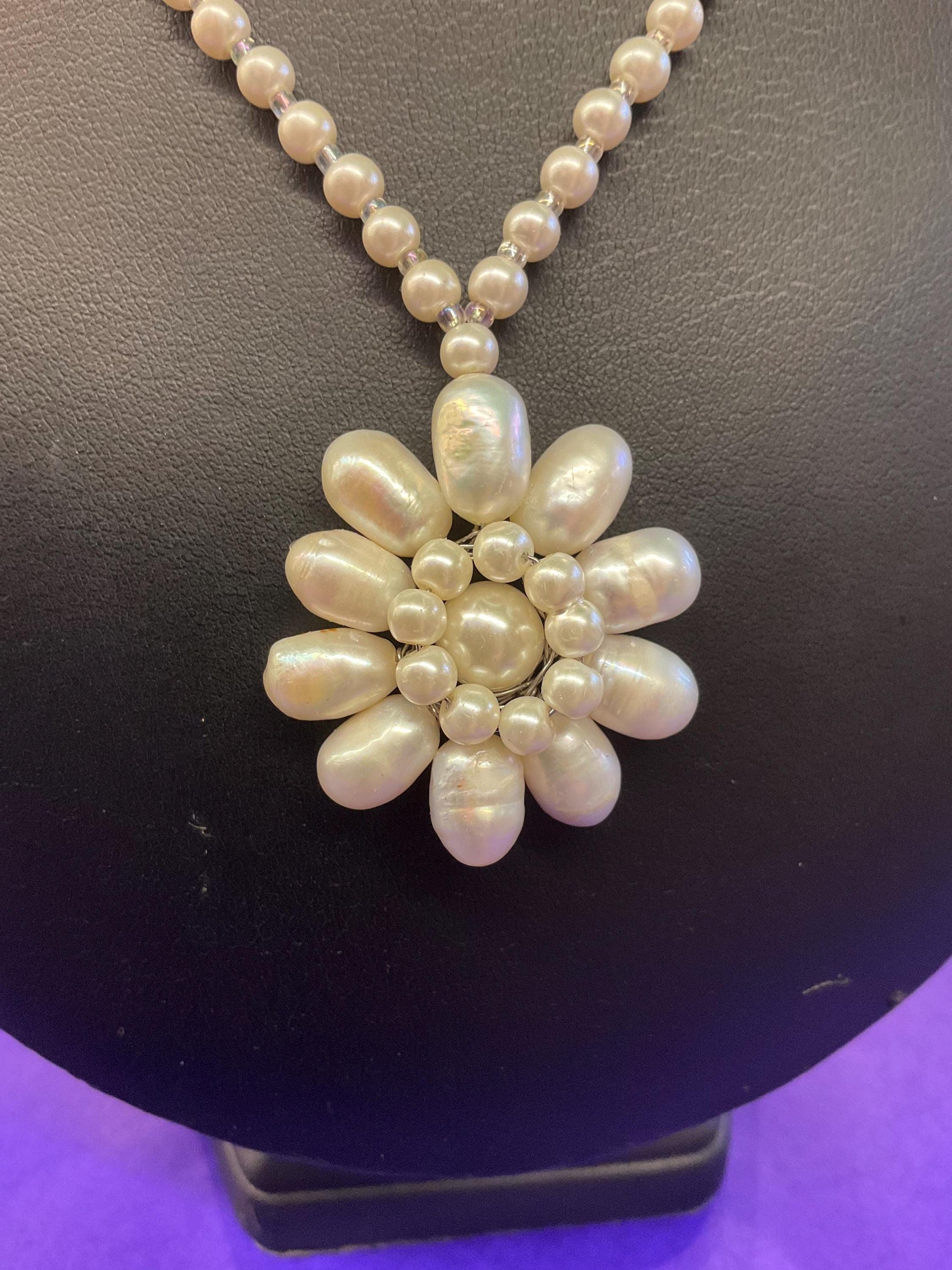 Vintage Butler and Wilson Oyster Coloured Fresh Water Pearl Floral Necklace, signed as new