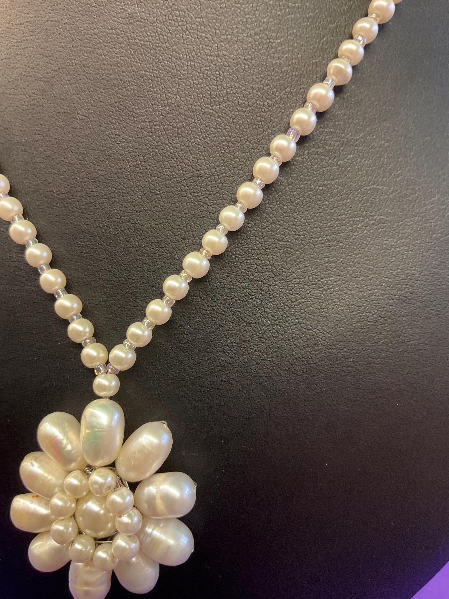 Vintage Butler and Wilson Oyster Coloured Fresh Water Pearl Floral Necklace, signed as new