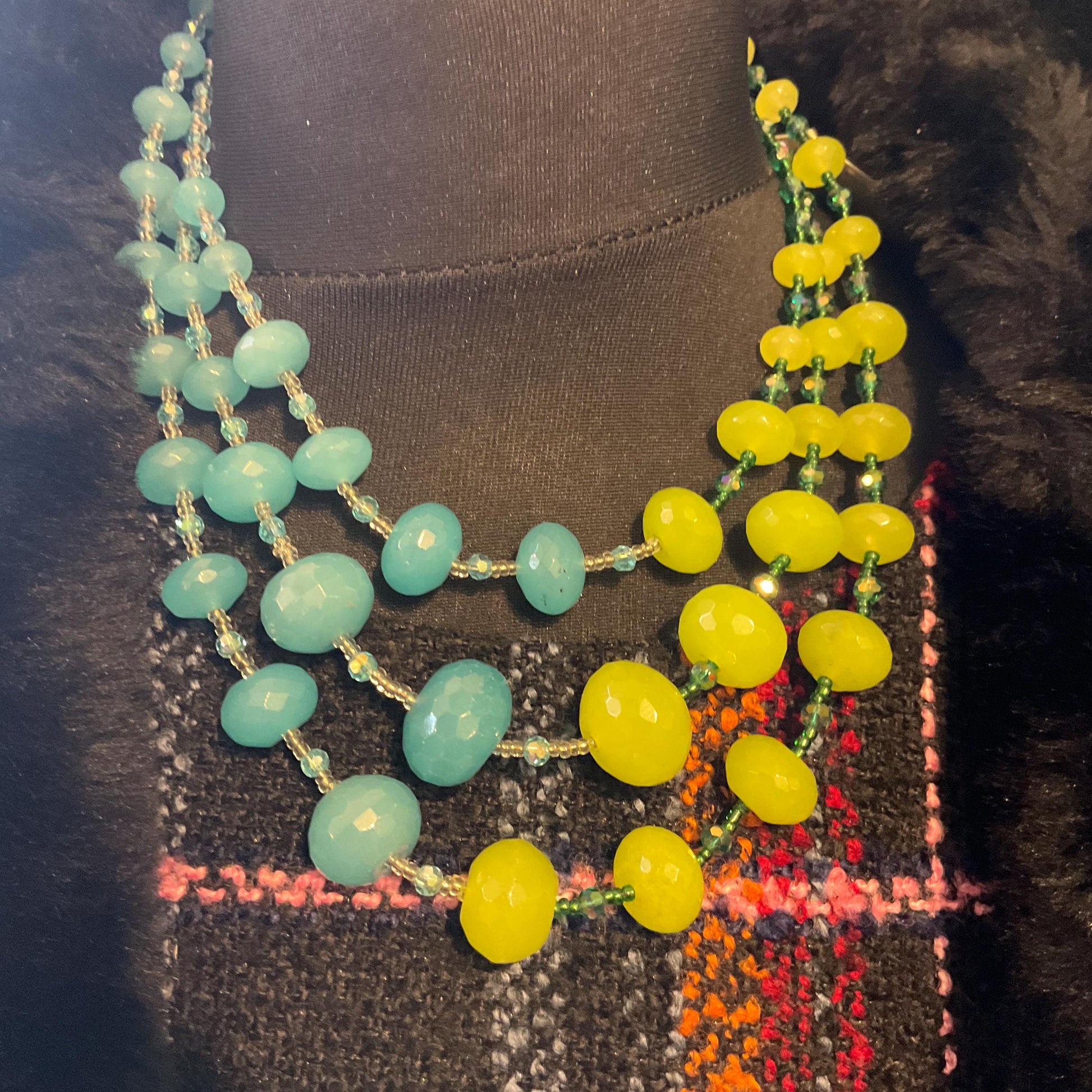 Vintage Butler and Wilson Statement Blue and Green Milk Glass Crystal Beaded Necklace