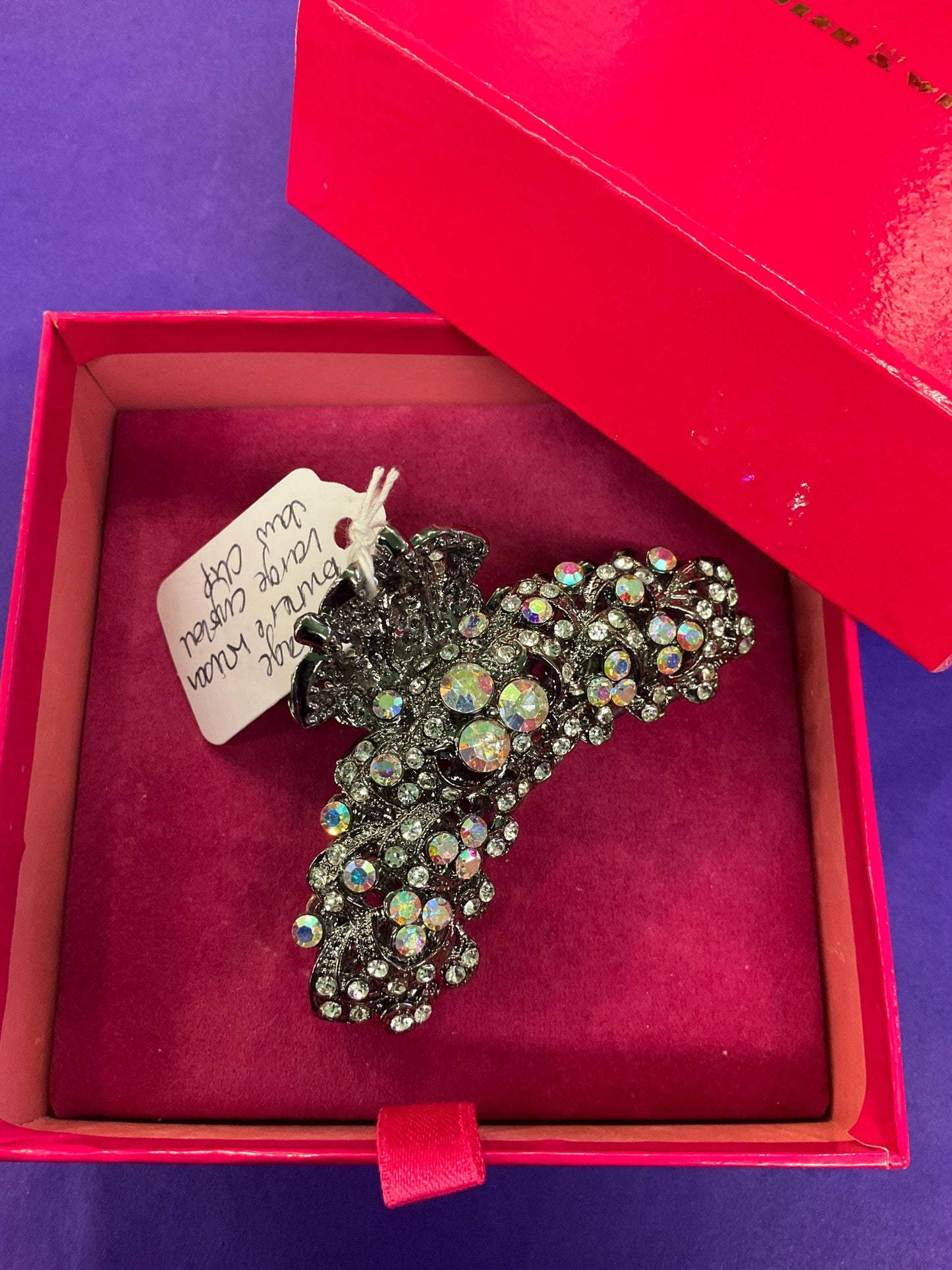 Vintage Butler and Wilson Large Crystal Jaw Clip, Pewter tone with silver and aurora borealis crystals