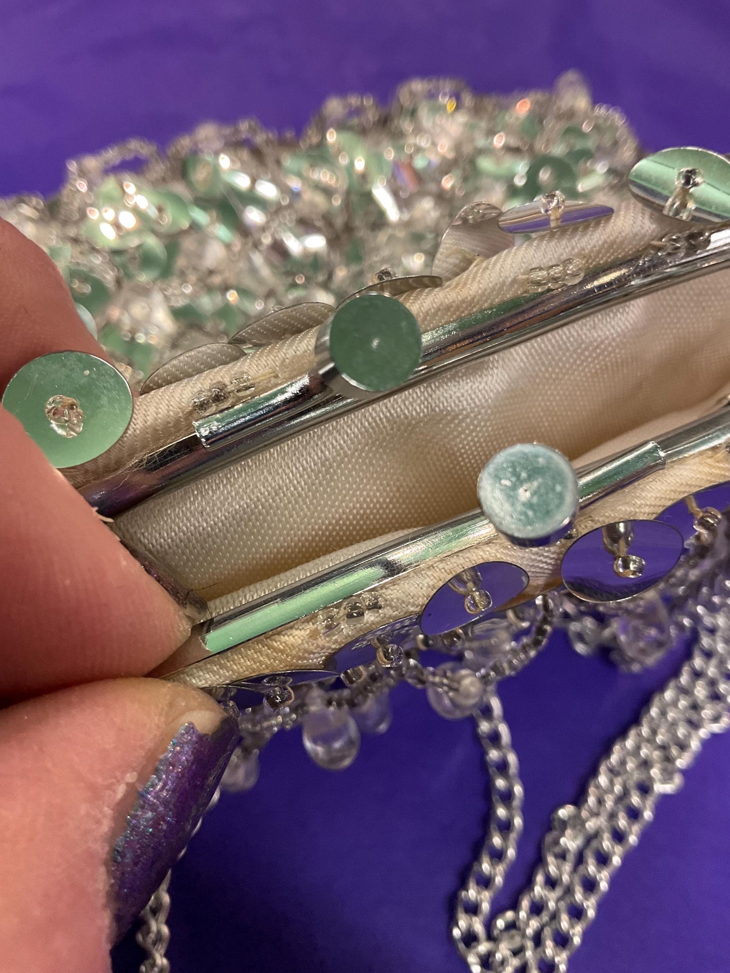 Vintage 1960s Silver Sequinned Satin Evening Bag , Clutch or Shoulder, looped fringes and tassels