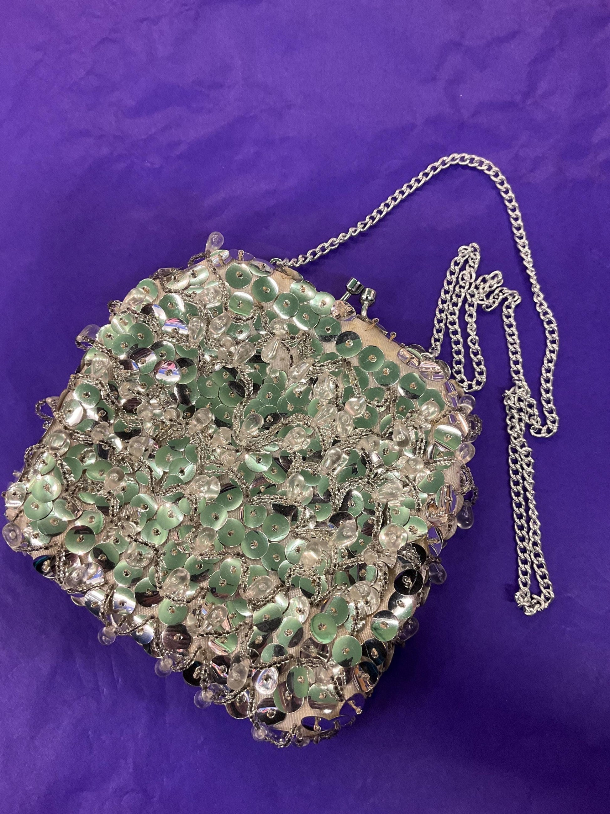 Vintage 1960s Silver Sequinned Satin Evening Bag , Clutch or Shoulder, looped fringes and tassels